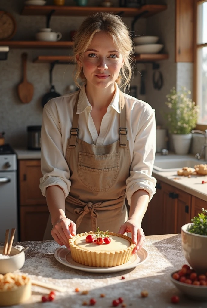 a beautiful woman, realistic, blonde hair, in the kitchen, cooking pizza, wearing a pinafore, photorealistic, 8k, highly detailed, studio lighting, warm color tones, chiaroscuro lighting, intricate details, cinematic composition, photographic quality