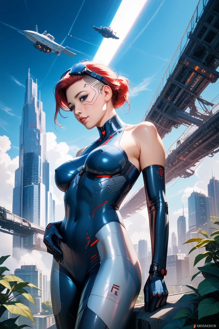 Future sexy asian blonde girl with twin-tails in a futuristic city.1.5, rusty metal city, lots of details, cars, buildings, billboards, nude and very tight tank top, red latex thigh high stocking extreme-highheel-wedge boots , standing pose (Dave Mckean inspired art, intricate details, oil painting)
