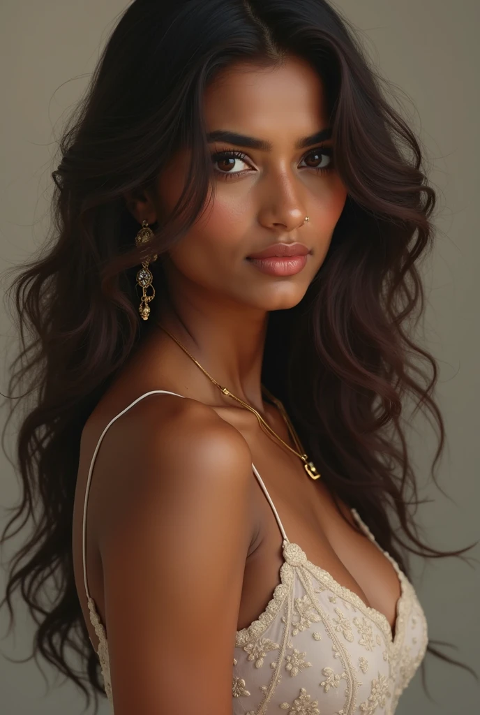 Portrait photo of Elena, a 2 girl, curly brown hair, medium-length, olive skin tones and 48 inch size breasts. looks like a Trisha Krishnan, Shriya Saran