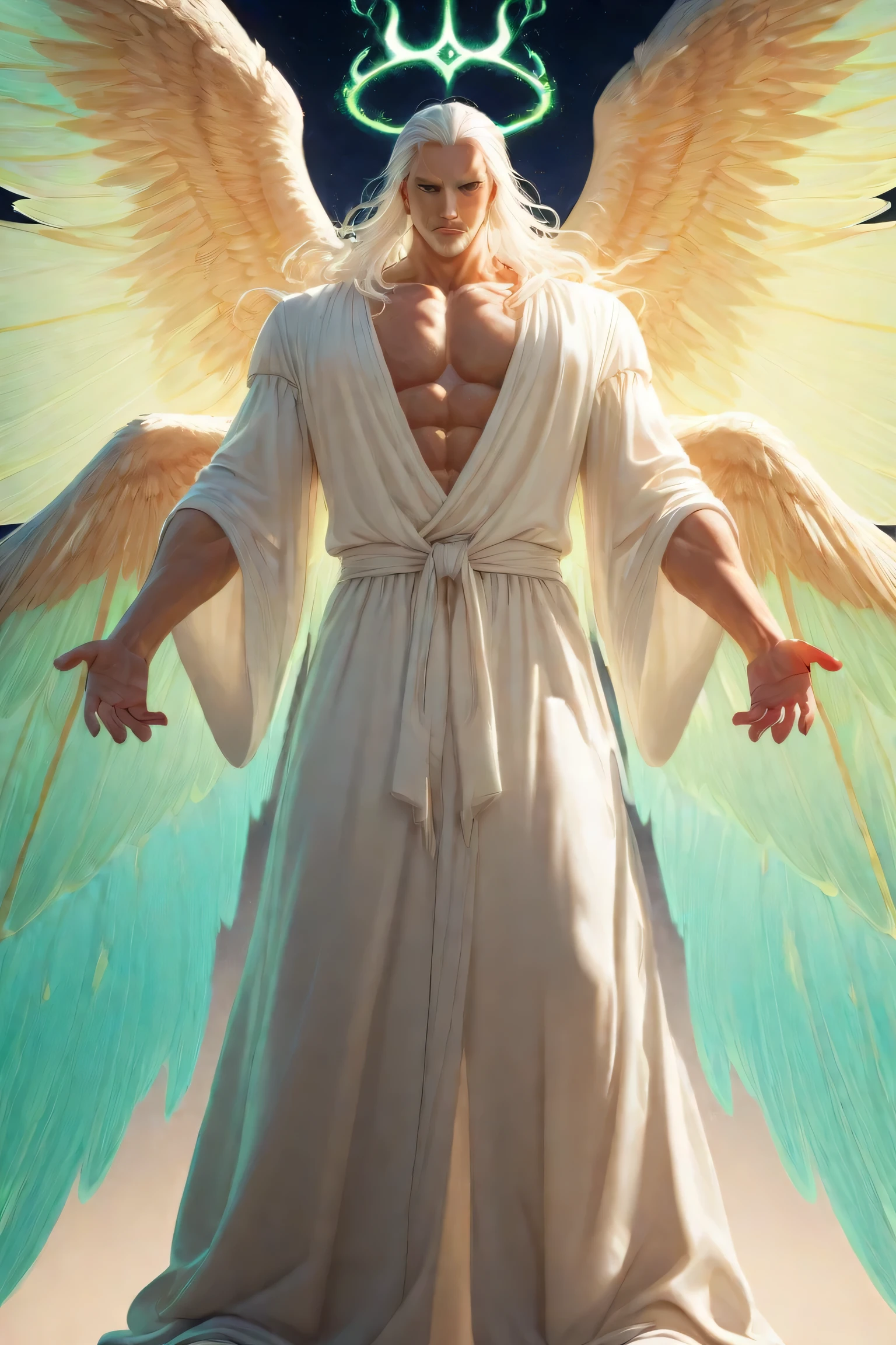 3d anime caricature he standing looks very realistic and detailing, with four wings behind and also a white robe that glows,a man like protagonis