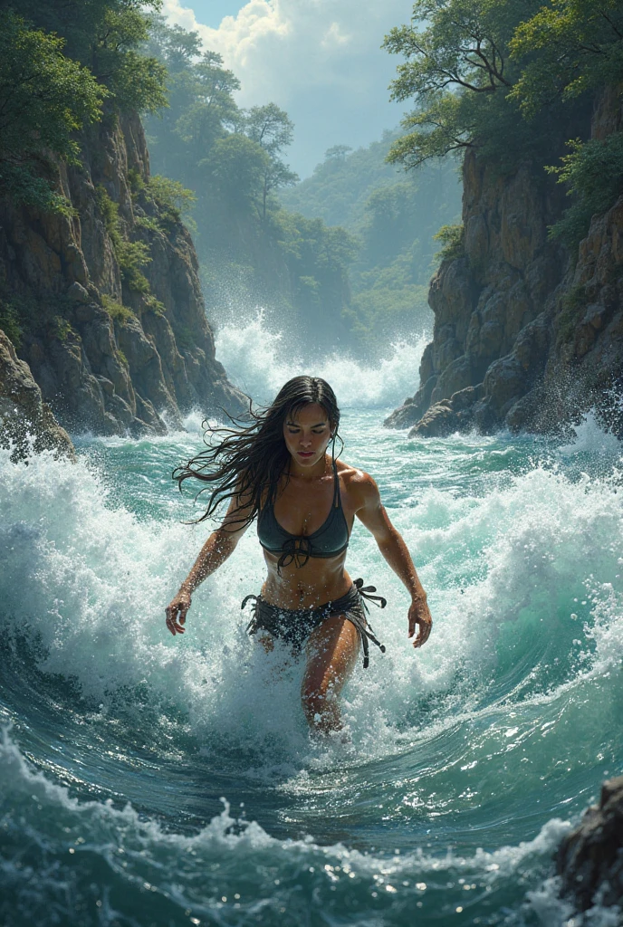 3d body of a woman is between a very fast river current, large rocks towering, steep cliffs, her face looks calm and full of enthusiasm.