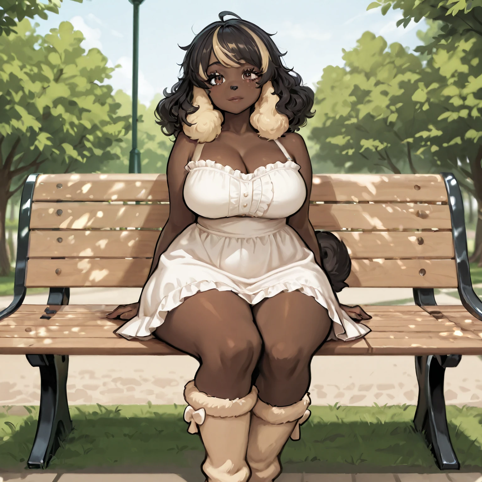 Brown skin, long curly black hair, blonde streaks, cute, frilly dress, brown eyes, thick blonde eye lashes, dog poodle tail, dog poodle ears, fur boots, curvy, curvaceous , adult, solo, park, sitting,