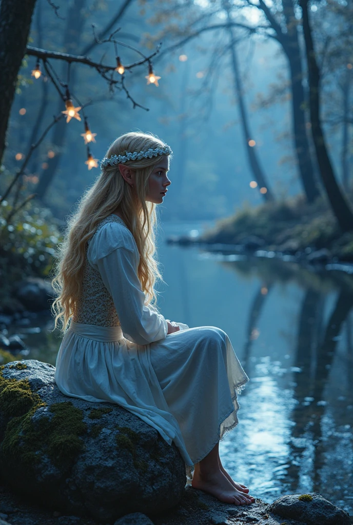 ((One Man)), ((bent over the water and looks at the reflection)), (((Fantasy portrait of a blond young man in a mithorogic costume))), ((Long sleaves)), Narcissus, With mystical colored eyes, pale skin, Long hair, Magical, Beautiful, Enchanting, Photorealism, mid-shot, ((Deep forest)), Fantasy Art, (((Many sparkling particles in the air))), ((Ethereal fantasy art)),
