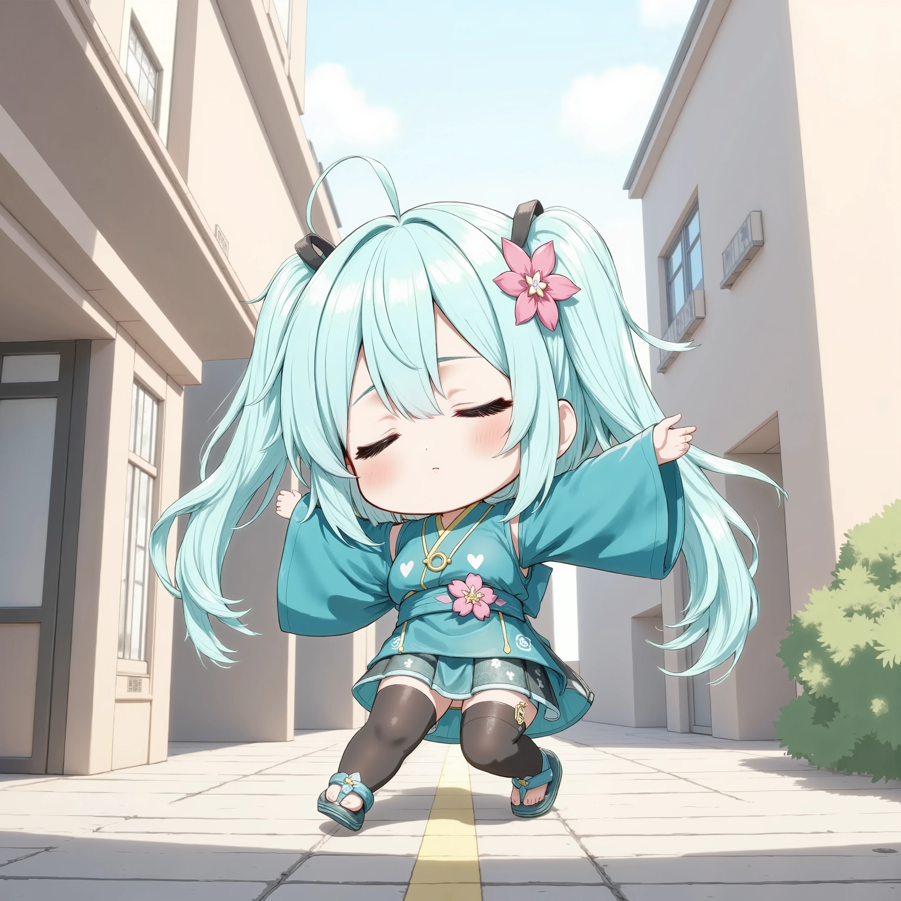 anime illustration,A sleepy chibi character, Her face looks very weak, hatsune-miku cosplay costume. She is wearing japanese clothes. The clothes contains short sleeveless kimono with detached wide sleeves and obi and skirt. She is also wearing black thighhighs with thigh strap and platform sandals. Her has long aqua twintails hair with hair ornament and hair flower., dynamically posing with arms spread wide, one foot slightly lifted, soft natural lighting, realistic shadows, fabric flowing slightly with movement, subtle wind motion, standing in an outdoor urban setting with classical architecture, soft-focus background, ultra-detailed rendering, 8K resolution.