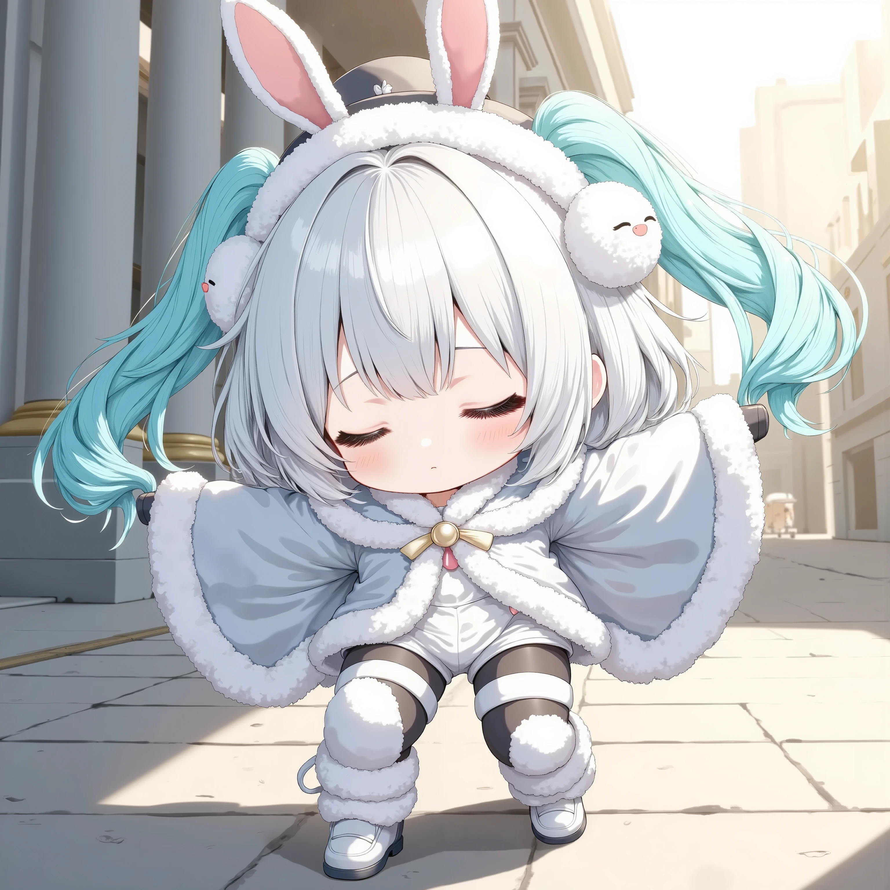 anime illustration,A sleepy chibi character, Her face looks very weak. She is photographed from the front. wearing in christmas-miku cosplay costume. She is wearing white leotard with bow and white fur-trimmed capelet. She is also wearing white elbow gloves with white fur-trimmed wrist cuffs and white pantyhose with white fur-trimmed thigh strap and thigh bow and white high heels with leg warmers. She has long aqua twintails hair with hair bow and earmuffs, dynamically posing with arms spread wide, one foot slightly lifted, dressed in miku-cybdating cosplay costume. She is also wearing black pantyhose and black shoes. She has very long aqua twintails hair with black hat. soft natural lighting, realistic shadows, fabric flowing slightly with movement, subtle wind motion, standing in an outdoor urban setting with classical architecture, soft-focus background, ultra-detailed rendering, 8K resolution.