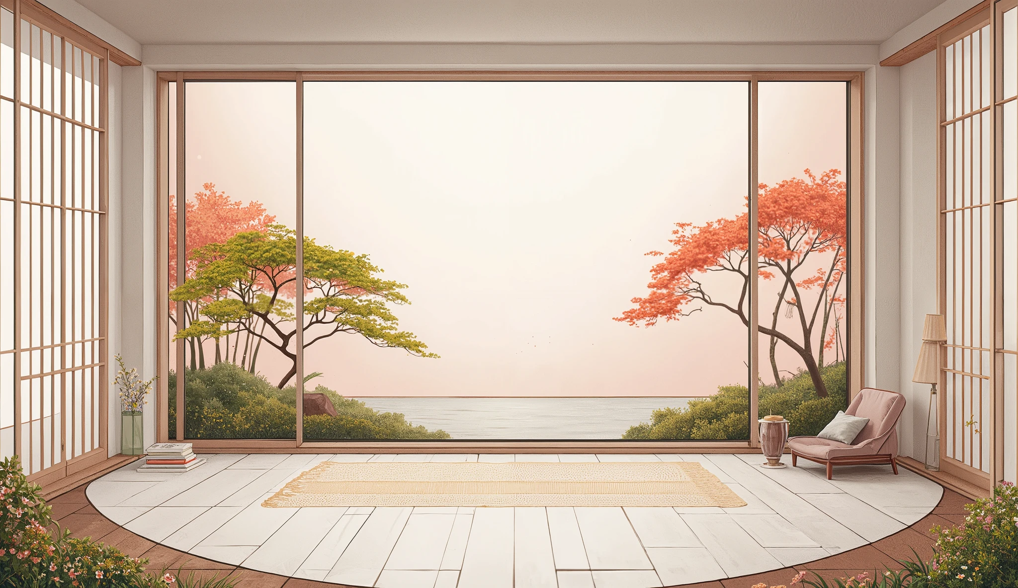 illustration in soft colors predominating , minimalism of a Japanese style living room with window to see the minimalist Japanese garden with bonsai trees, the stage evokes energy and elegance