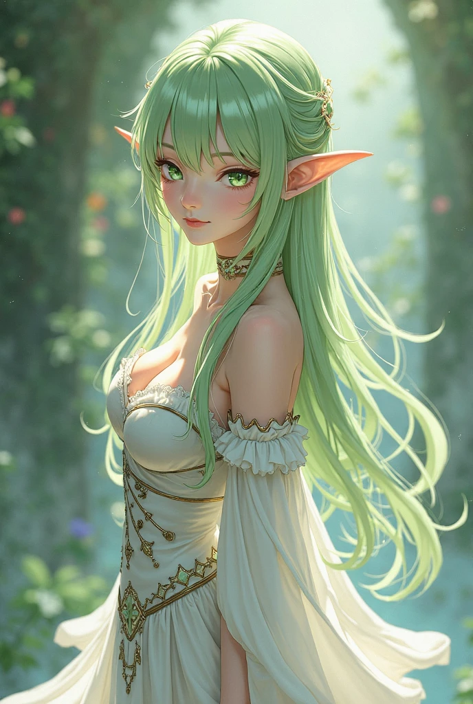 ((Top quality)), ((masterpiece)), (details), High resolution, super detailed, very detailed CG Unity 8k wallpaper, real, photorealistic, Beautiful fine face, detailed face. Pale skin, realistic shining skin. Detailed fabric texture, detailed hair texture. (Eyes with attention to beautiful details: 1.5), (Small hand), ((perfect hand)). Slim legs, detailed legs. ((Perfect Anatomy)). Perfect lighting. Break A elf girl,age:25, (Green hair:1.3), Medium Hair, Perm Hair, ((Half smile:1.6)), (elf ears :1.6), (Slender: 1.1), (small chest: 1.2), (Small butt: 1.2), (muscular: 1.3) (Fluffy thighs: 1.1), (lace dress), Kneeling pose skirt lift, Break Background deep forest,