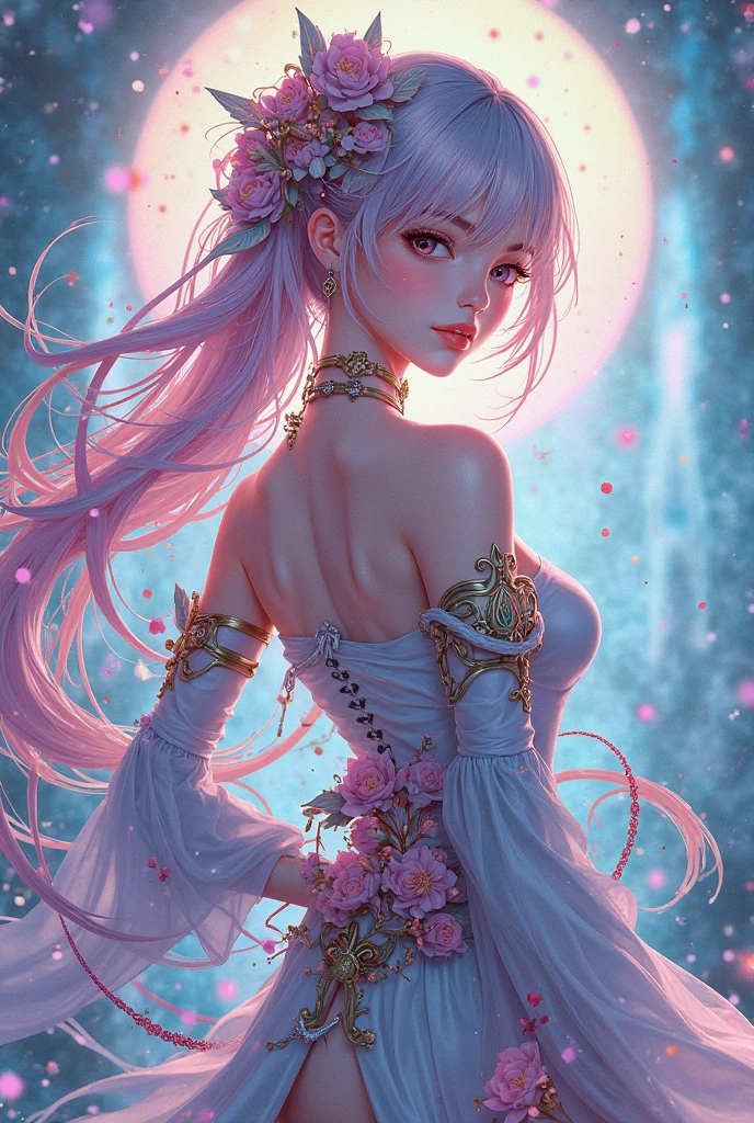 uma pintura de uma mulher com cabelos longos e cabelos lisos, camiseta plumeria design splash art, arte digital inspirada em Cyril Rolando, trends in cg society, arte de fantasia colorida, e rosa, Apenas Bartel, fantasia de arte digital, arte de fantasia digital colorida, linda arte digital, Bela arte UHD 4K, digital art arte de fantasia, Exquisite digital illustration, linda arte digital, stunning digital illustration, animada, cabelos loiros em.um.tom de ruivo alaranjado, voca e , Uma princesa, onze, fada com borboleta, uma deusa