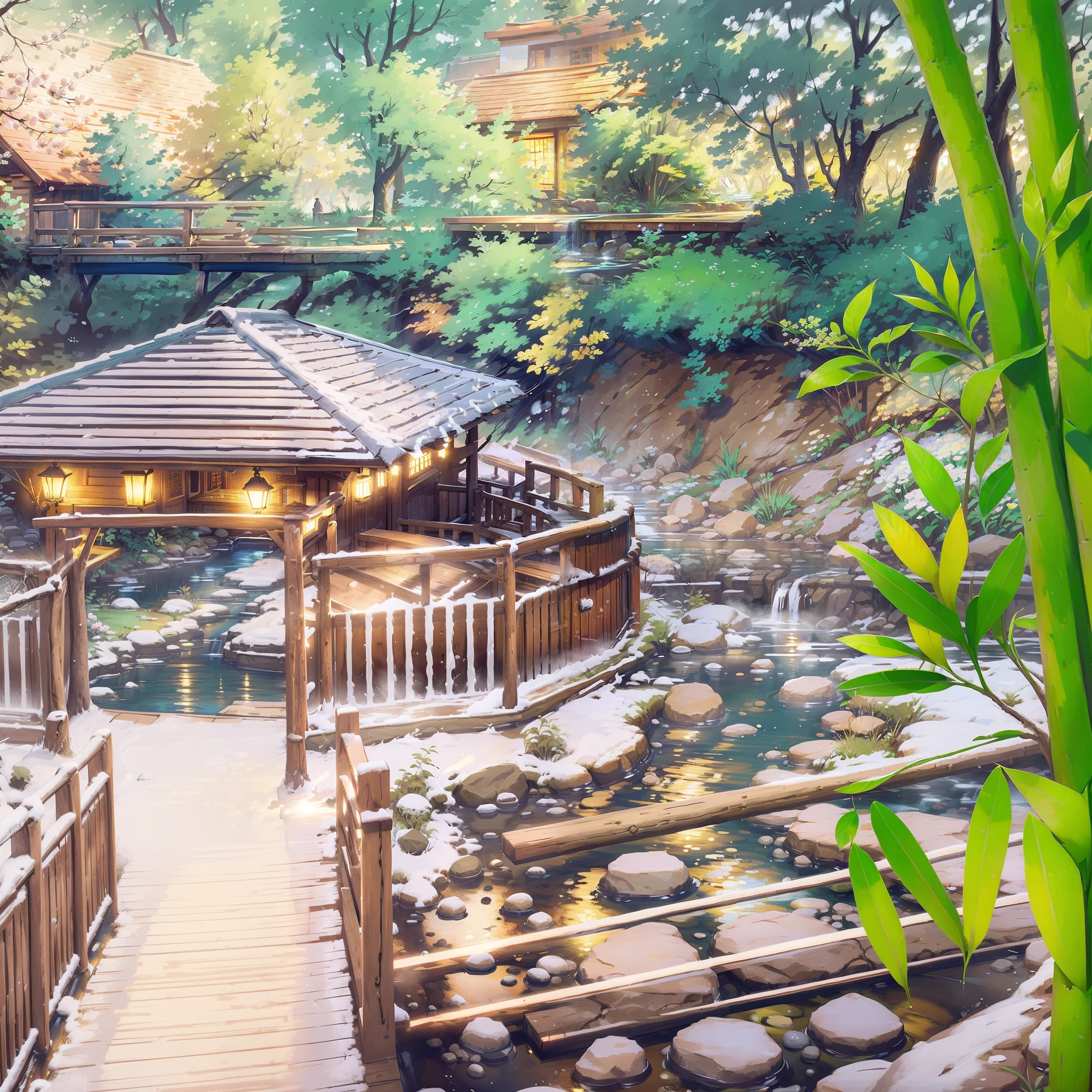 countryside、stream、 blue sky、anime style、masterpiece、 Scenery of hot springs、 The inside of the building is a hot spring、 river