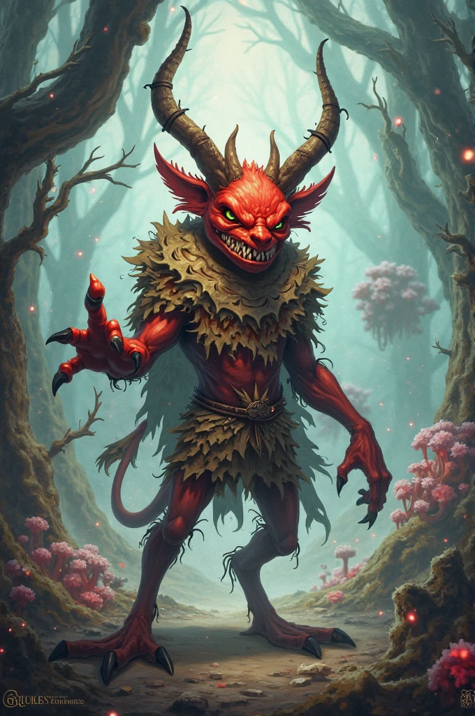 devil, furry, Dark red fur, barefoot, 3 toes Dark grey shorts, Alone, simple background, sitting at the foot of a forest, pointed cola, Whole body.
