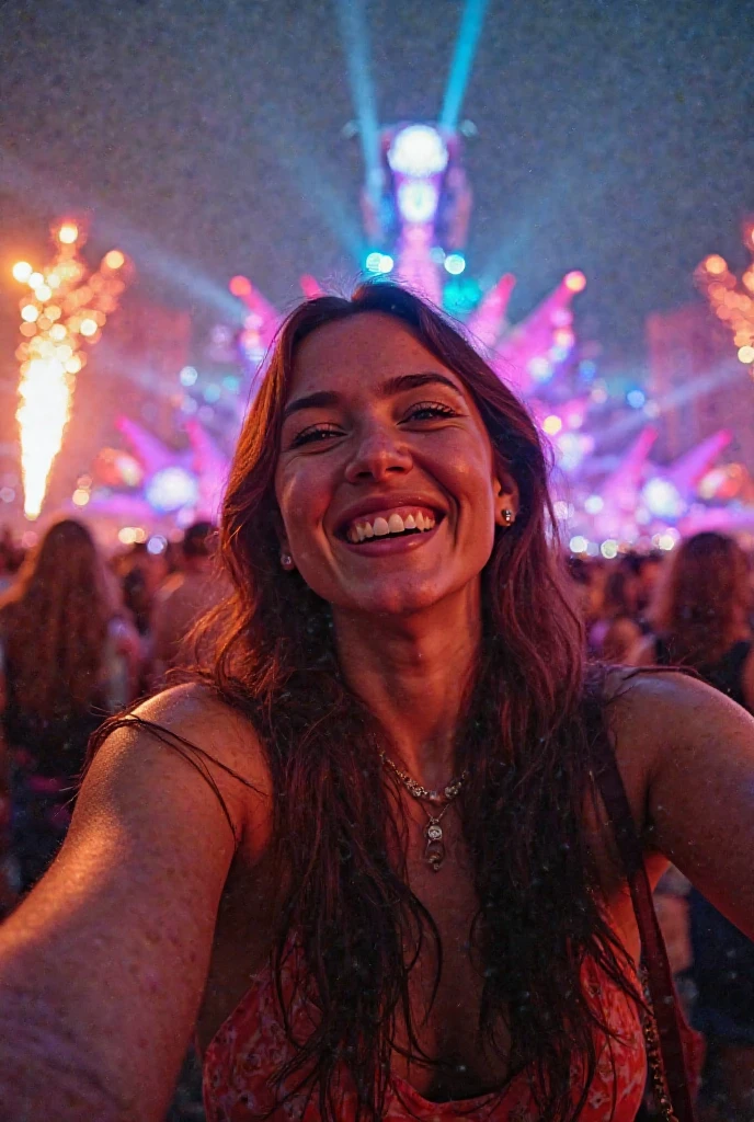 for Instagram,A busty woman ,35 yo,aurora and starry sky,at naked festival