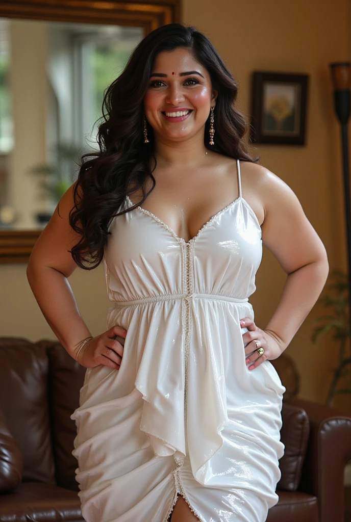 Bedroom scene, A radiant, full-figured South Indian 35 year old aunty a gray colour chiffon mini frock, standing, in a bedroom, captured in a full-body image with vibrant hues and meticulous details. Full body image