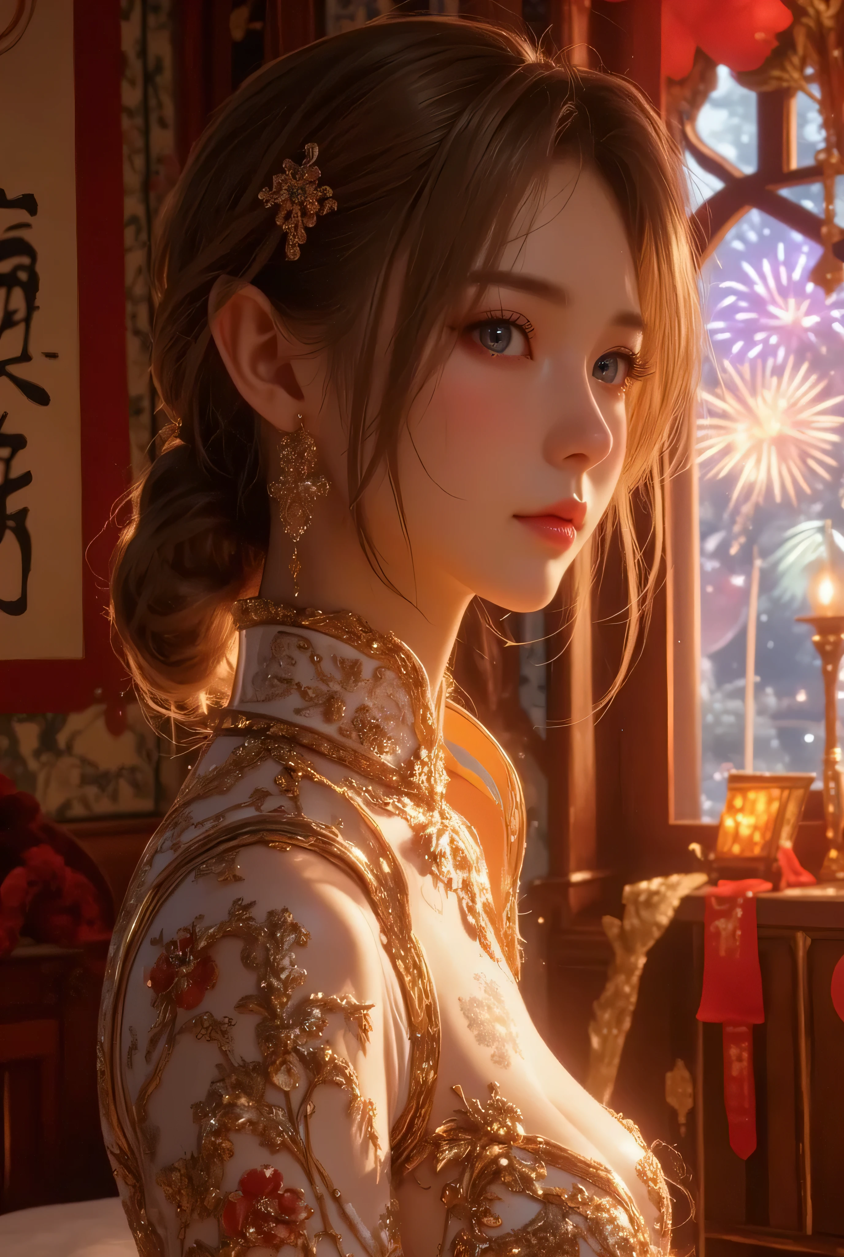 Cat ears、 face up, attractive, pretty girl, ponytail、few beautiful lady hair decorations, (( fine facial features , eroticism)), dramatic lighting , realistic , 8k, Dramatic Shadows , intricate and elaborate patterns , super detailed photo , chiaroscuro lighting , Pleasant colors , deep contrast , super real 、 pink lipstick、 warm room、Vintage Fireplace 、 cinematic composition、Close-up of face, pretty half part transparent open shoulder loose outfits dress, tang style, A beautiful Korean idol wearing a one piece red-green-blue-black-silver-gold tightly cheongsam with phoenix and intricate floral golden embroidery, golden and silver outline on dress, shining gems and jewelry, standing gracefully in a room filled with traditional Chinese New Year decorations. The room features vibrant red lanterns, decorative calligraphy scrolls, a small Chinese orange tree with golden ornaments, and several red envelopes scattered across the floor and hanging from the tree. Adorable, playful cats are part of the scene—some sitting near the tree, others curiously pawing at the red envelopes or lounging around. Through a window or an open door in the background, vibrant Chinese fireworks light up the night sky in an array of reds, golds, and blues, casting a magical glow into the room. The idol’s outfit is paired with subtle accessories like red hairpins or earrings, complementing the festive look. The atmosphere is warm and lively, filled with the joyful essence of the celebration, enhanced by the shimmering lights of the fireworks and the lively decor. blue lights