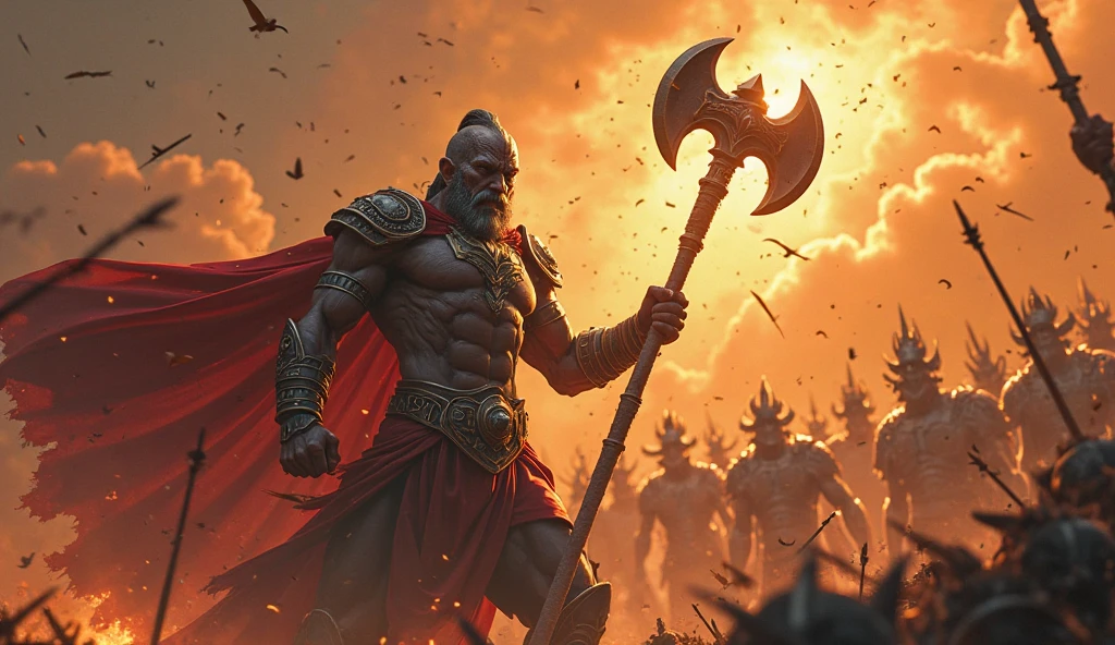 Scene 4: The Devastating Strike
In this dramatic scene, Mahasona swings his mace with devastating force. The massive weapon crashes down, smashing through enemy shields and armor with ease. The impact sends soldiers flying, their weapons and shields shattered. The sheer power of Mahasona’s strike is emphasized by the debris and bodies scattering in all directions. The enemy soldiers around him, once confident, are now shown recoiling in terror, some turning to flee from his might.