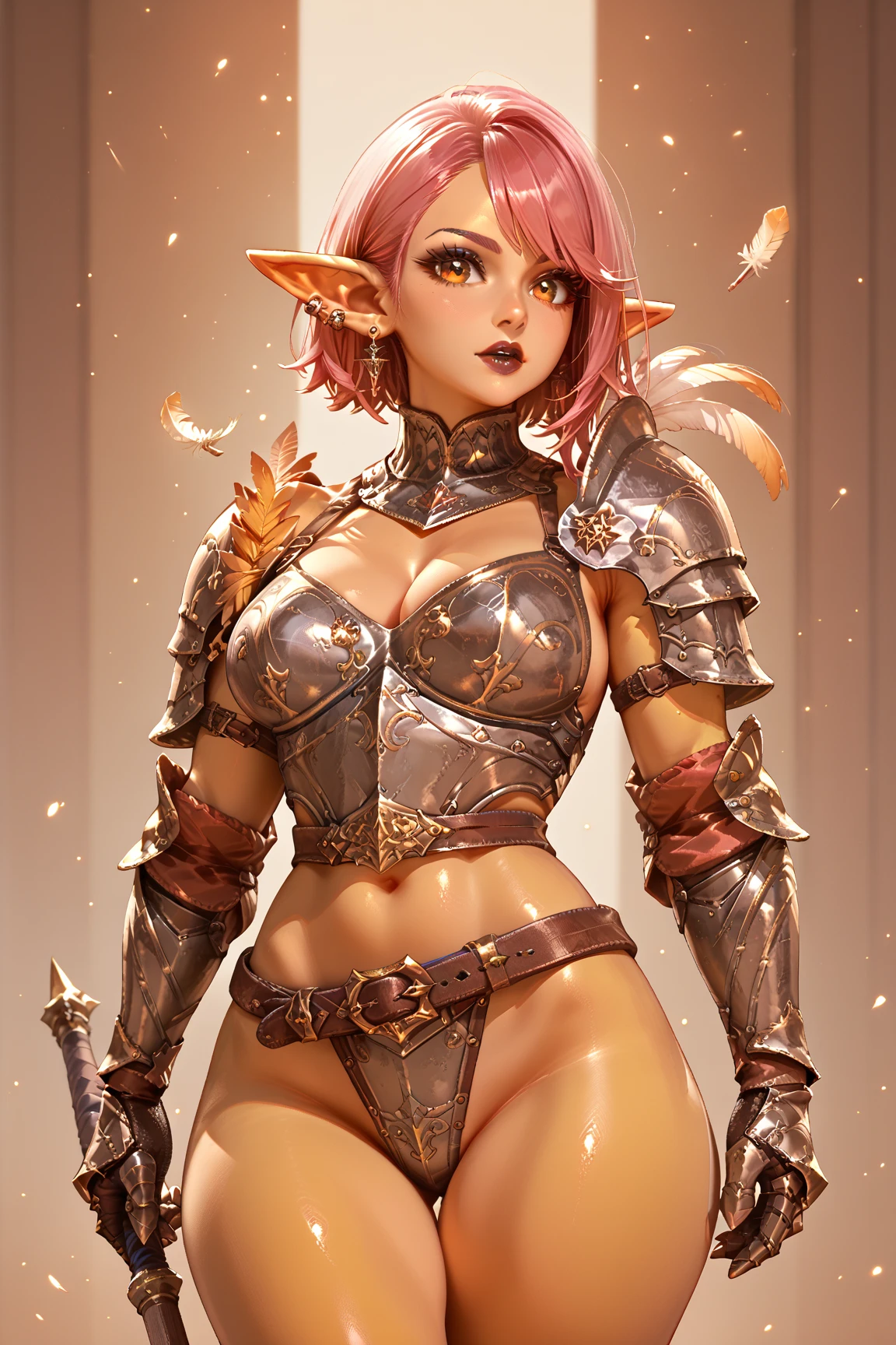 masterpiece、best quality、超high resolution、Realistic skin texture、Leather Armor、Bare breasts、Reality、high resolution、RAW photos、shiny skin、Realistic skin texture、Optimal lighting、shine、Dramatic Lighting、Dynamic poses、Greek temple background、Female warrior、There is a big sword、arena、1 Girl、精致big eyes、Pink armor、Roman skirt、Breastplate、cutting、Blonde long hair、Ponytail、blue eyes、look at the audience、 Large Breasts、Big Ass、Smile、Lock、iron collar、, Solitary, 1 Girl, Pink Hair, Purple Eyes, short hair, Flowering, , Bikini, big eyes, , Black fishnet stockings,Make an action,