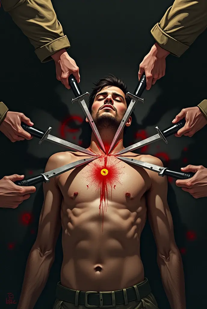  A unconscious sad
 man sitting inside the cave. The blood is dropping from his head. The drill machine is drilling on his head. Also the There is a nail putted in his head by a hammer 