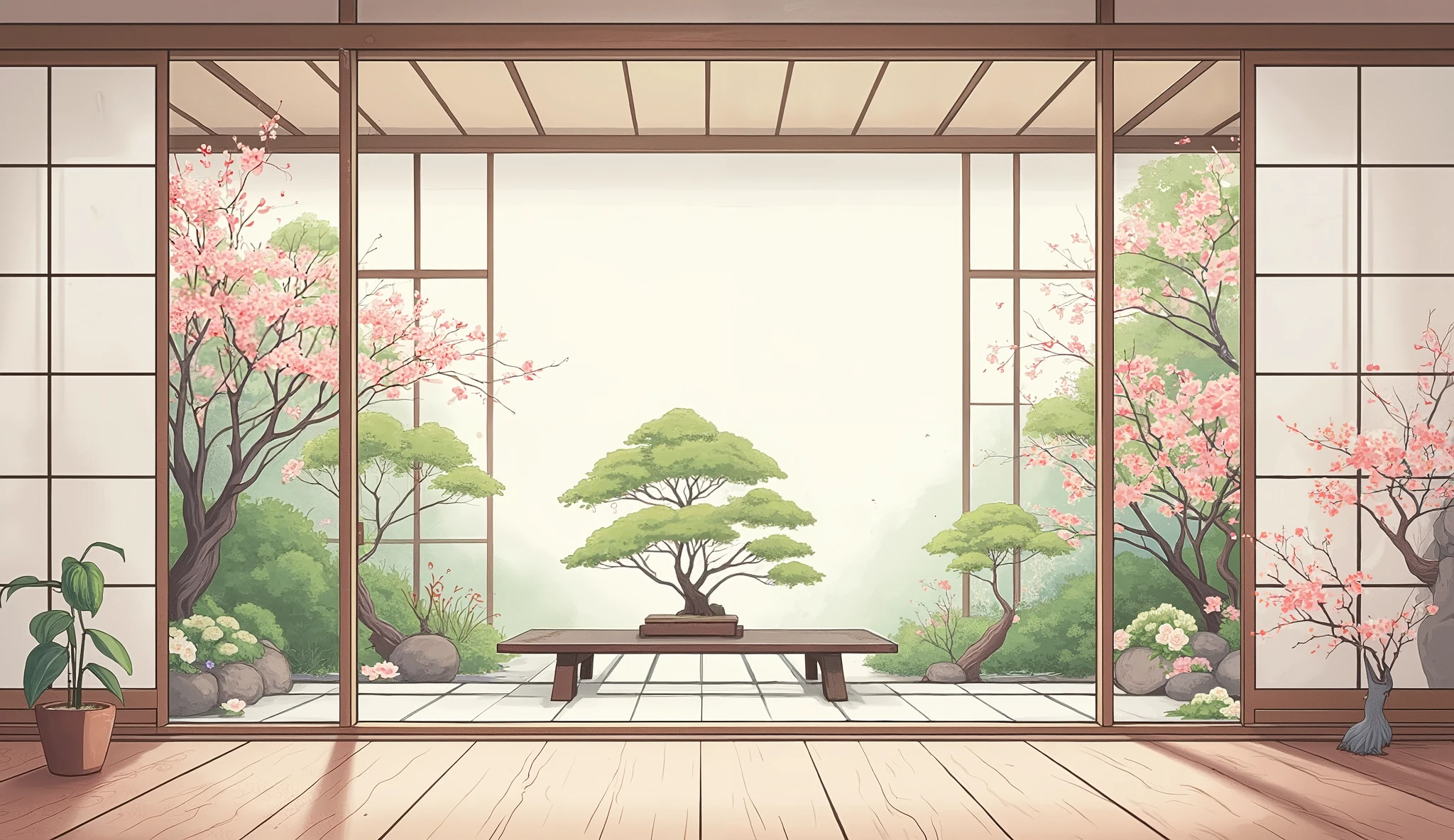 illustration in soft colors predominating , minimalism of a Japanese style living room with window to see the minimalist Japanese garden with bonsai trees, the stage evokes energy and elegance