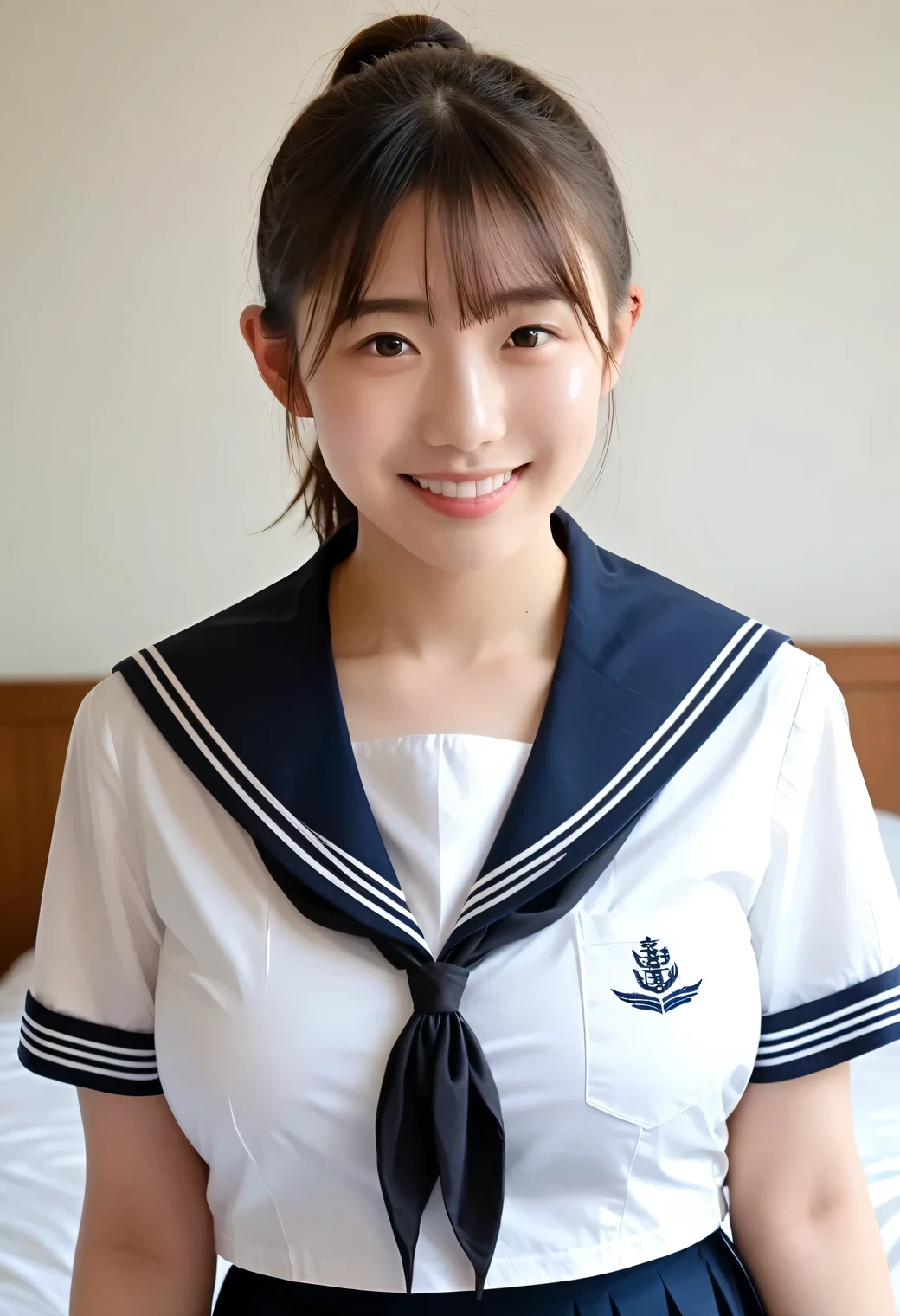 Genuine, nsfw, high resolution images , masterpiece, Top Quality , high quality , Very Detailed, More Information, sharp detail, sharp concentration, professional lighting , alone, 1 girl, young Japanese woman, max per body, ((dark brown hair,ponytail)), (( sunburned skin :1.1)),active, boyish woman , glamour, Bitch,small head, Small face,beautiful detailed face,(soft smile) , (( school uniform,sailor suit)), ((Big Breasts:1.4)), front view, Viewer, perfect hand where the mother is a boy, perfect anatomy of the respiratory system,(( standing in front of the bed))