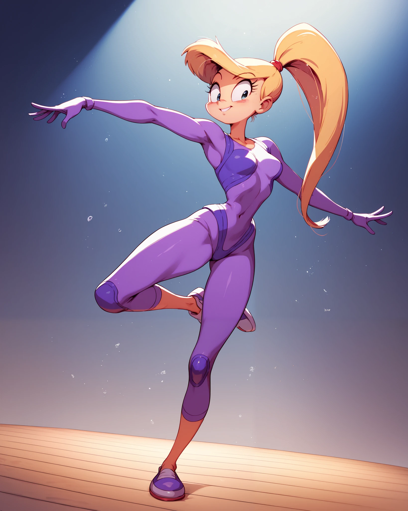 Cassie Lang (young human woman, ponytail hair, purple Antman supersuit), dancing, Tokyo background, tiny toons style, by diives,