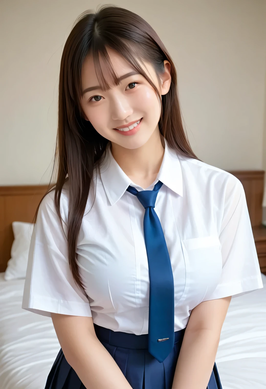 Genuine, nsfw, high resolution images , masterpiece, Top Quality , high quality , Very Detailed, More Information, sharp detail, sharp concentration, professional lighting , alone, 1 girl, young Japanese woman, max per body, ((dark brown hair,long straight hair)), (( sunburned skin :1.1)),active, boyish woman , glamour, Bitch,small head, Small face,beautiful detailed face,(soft smile) , ((white shirt, school uniform,blue tie)), ((Big Breasts:1.4)), front view, Viewer, perfect hand where the mother is a boy, perfect anatomy of the respiratory system,((sexy pose, standing in front of the bed))