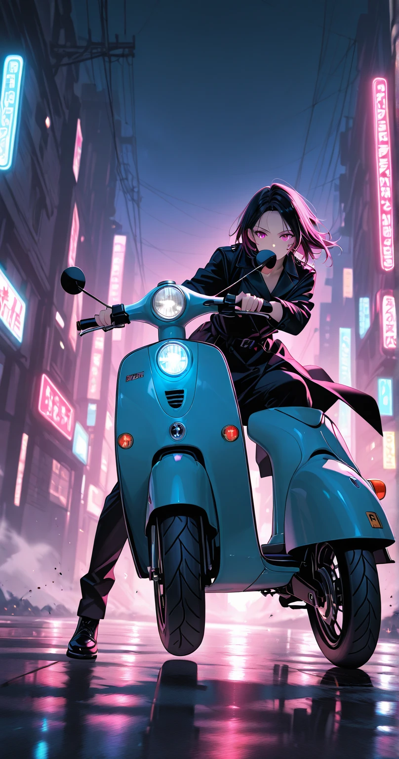 By Mitch O'Connell, by Chris Cooper aka Coop, Japanese girl on motor scooter, leather jacket, white panties, downtown Tokyo, at night, neon lights, smoking, poster style, comic book style, retro, bright colors, hard lines, edgy, punk aesthetic, dangerous atmosphere
