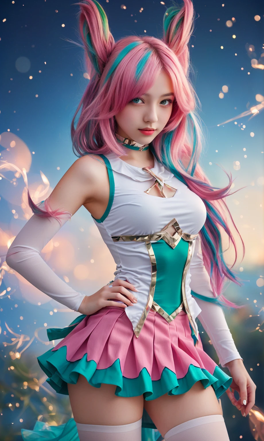 A fifty-year-old woman with pink hair and blue eyes poses for a photo, portrait Zodiac Knight Girl, render of a cute 3d anime girl, Anime-style 3D, Photorealistic anime girl rendering, Zodiac Knight Girl, Anime characters, Pink pigtails and cyan eyes, Haruno sakura, 3d rendering character art 8k, 3d anime girl