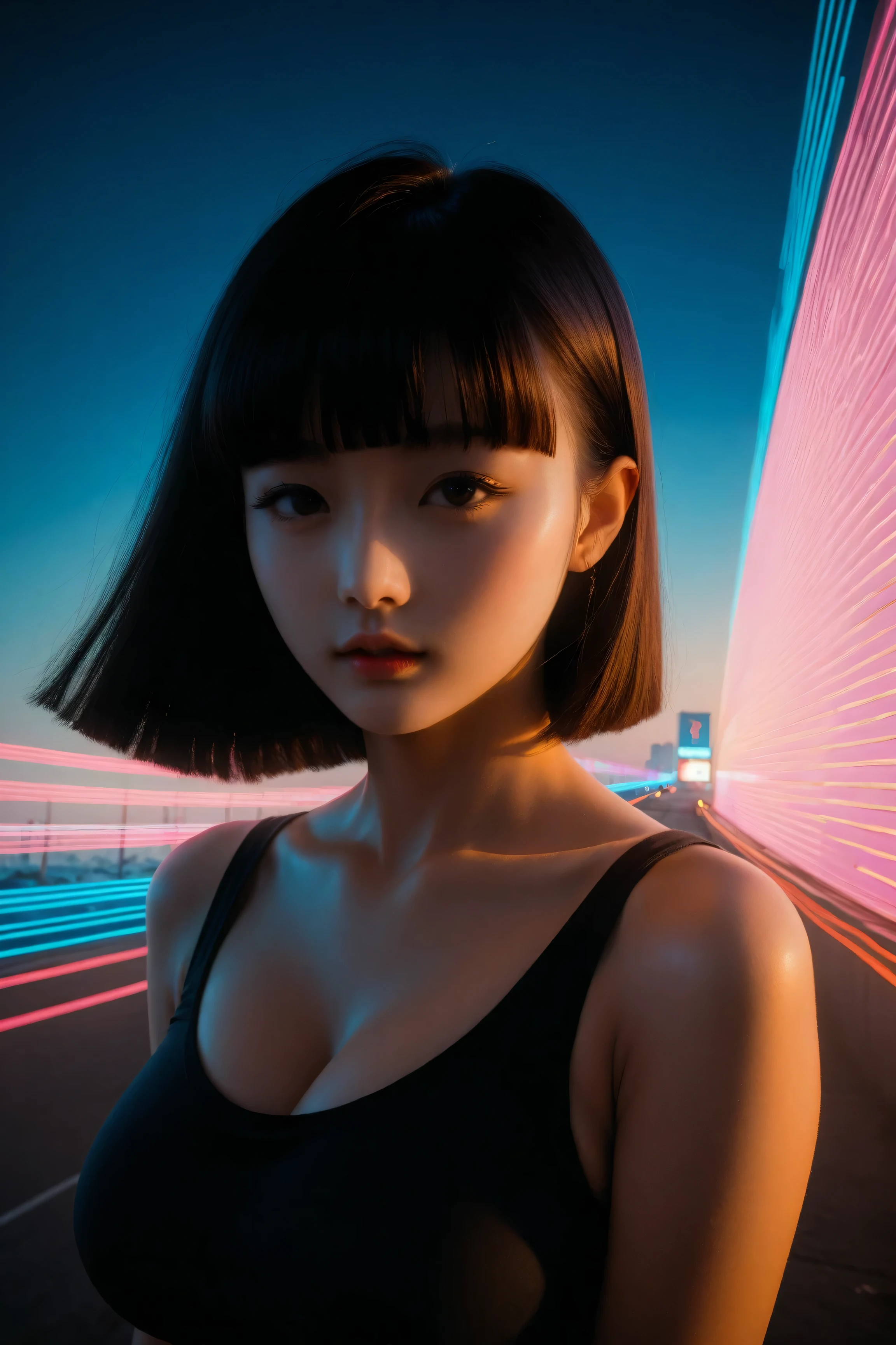 young korean girl, ((best quality)), ((masterpiece)), (detailed), blunt bangs, perfect face, surreal, fantasy, sci-fi, graphic novel, line drawing, french retro, huge breasts, cleavage, SYNTHWAVE STYLE DESIGN VIBRANT COLORS, pale white skin,