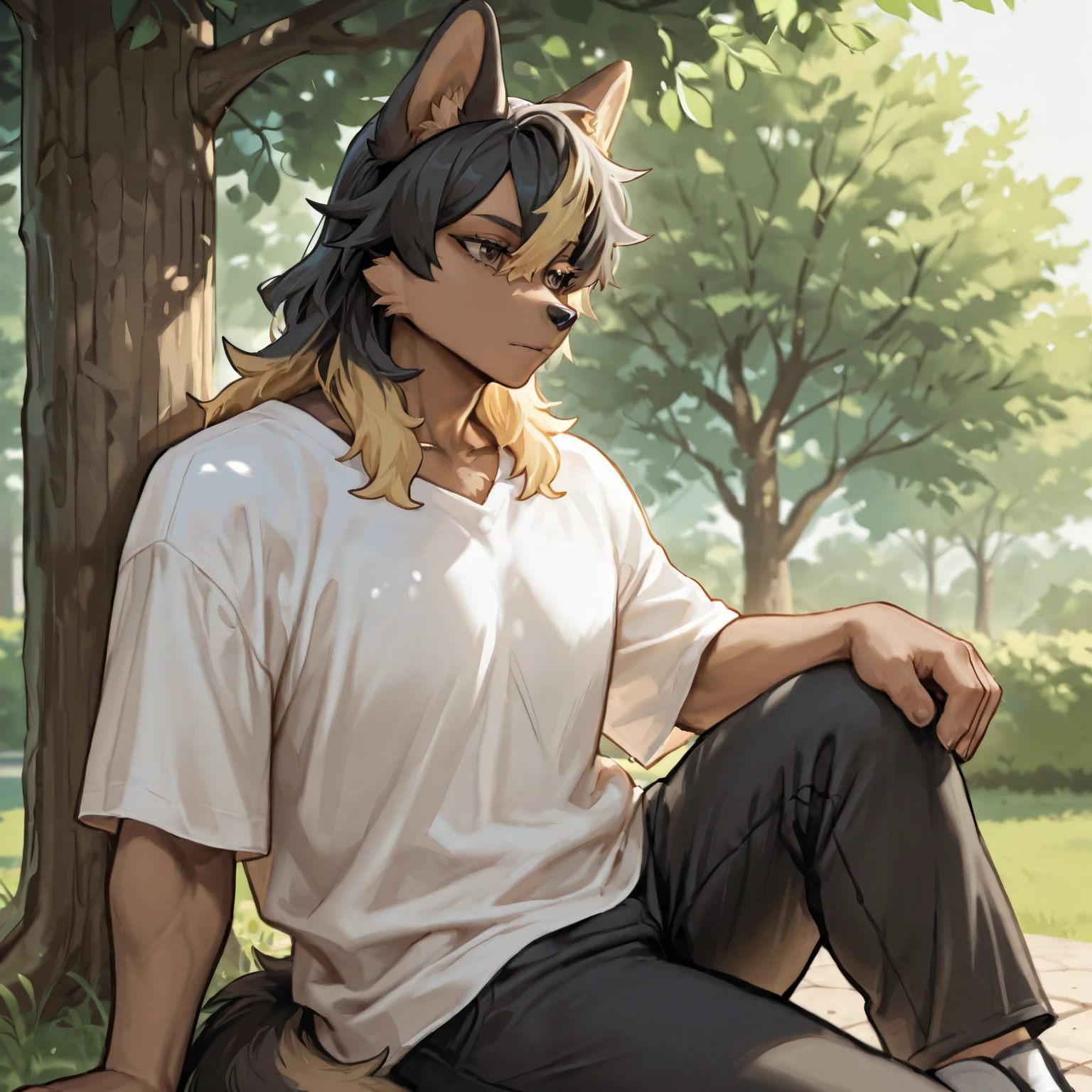 man, masculine, muscular, male, man, adult, solo, park, sitting, man, adult, grown, Brown skin, black hair, blonde streaks, casual clothes, brown eyes, blonde eye lashes, dog tail, dog ears,