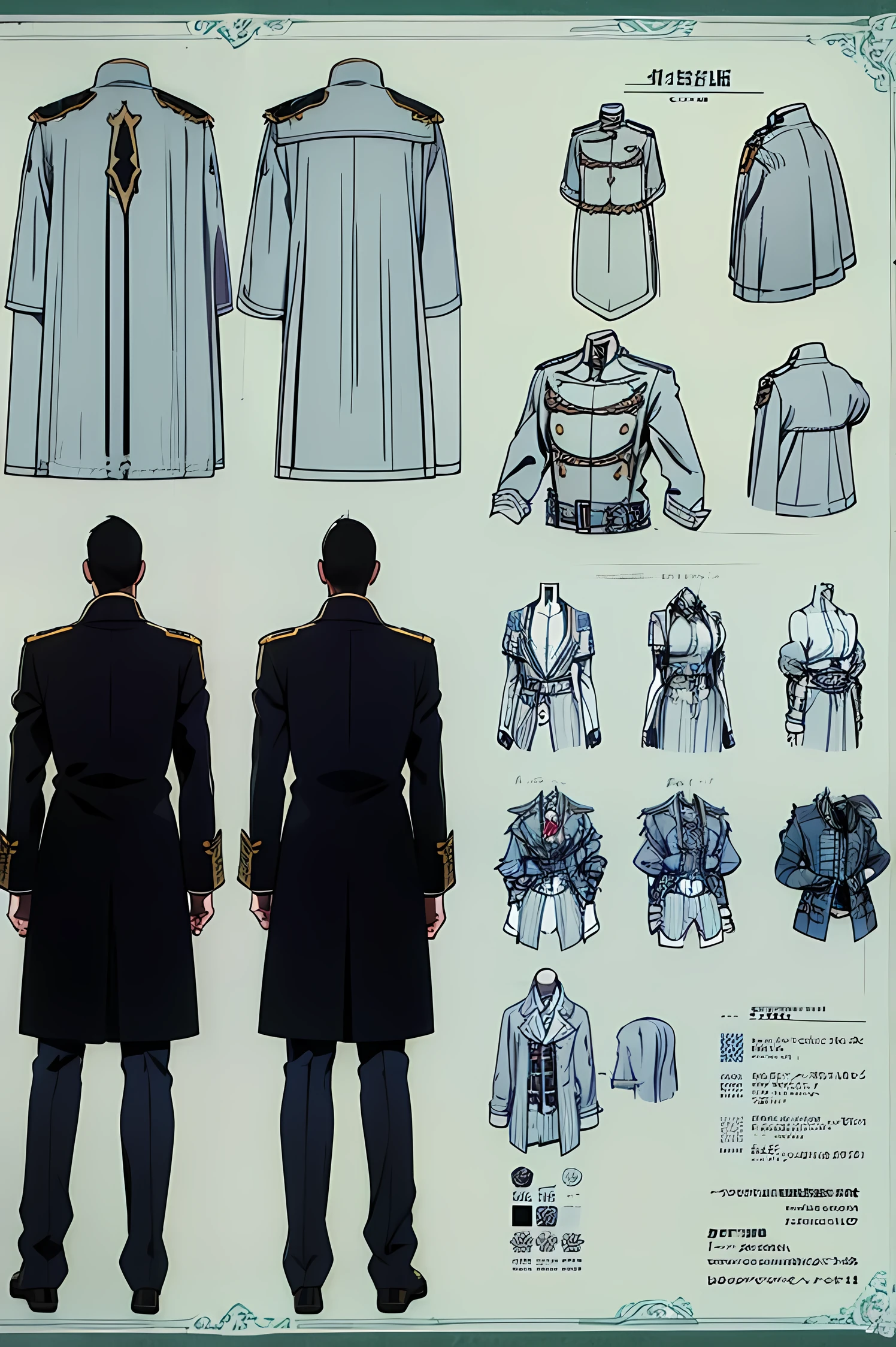 Design sheet, reference sheet, military uniforms, magic army uniforms, jackets, suits, pants, emblems, medivel, magical, description of the clothes, back view, front view, blueprint, design