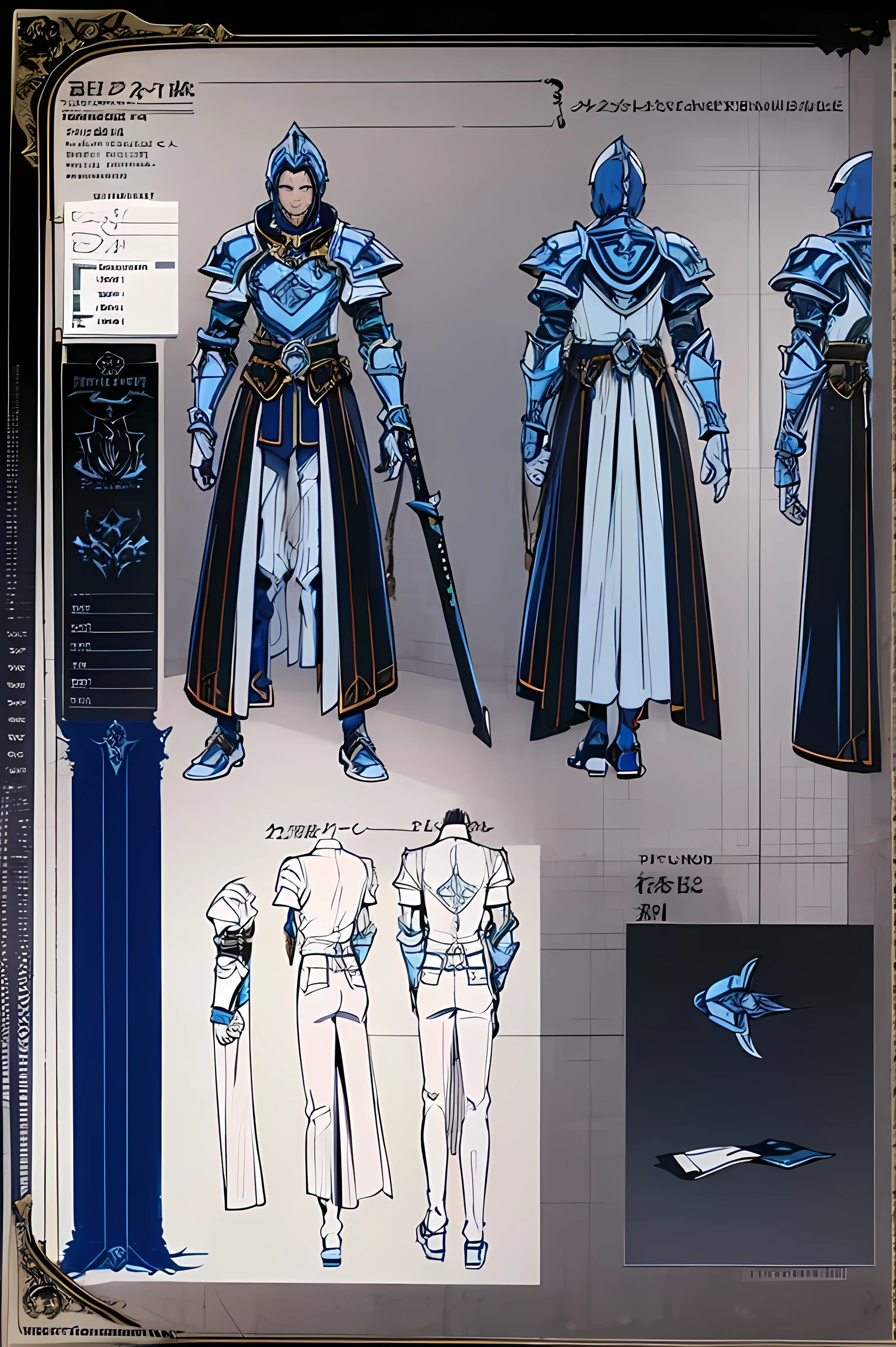 Design sheet, reference sheet, soldier armor, magic army armor, chestplate, greaves, pantaloons, medivel, magical, description of the armor, back view, front view, blueprint, design