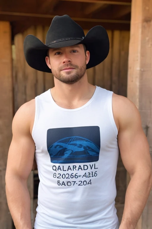 sleeveless t-shirt, 1 eyes , hat cowboy, muscular, cowboy, realistic, ultra quality, hair, Ultra High Definition realistic, ultra quality, hair, Ultra High Definition