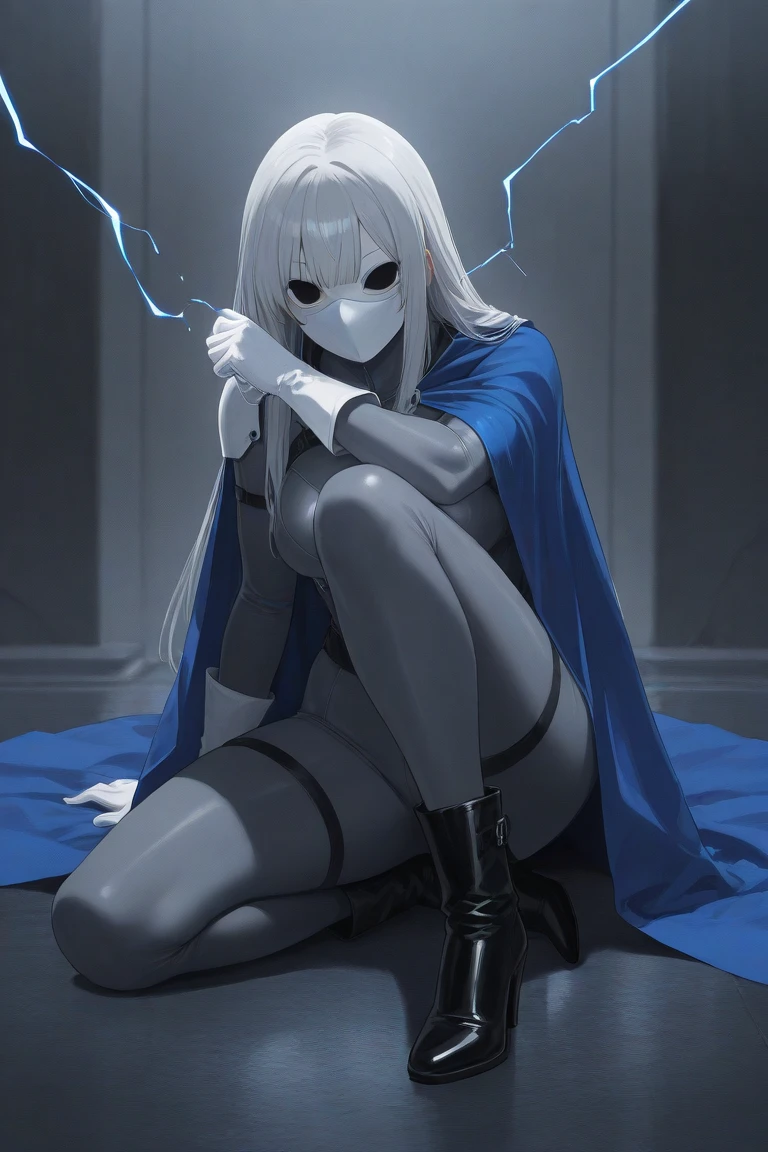 solo, female, holographic woman being projected, floating over high tech pedestal, bored expression, ((blue and black static)), dark blue skin, static skin, knee up, hugging knee, lonely, long hair, blue hair, transparency on hair, sfw, dark, isolated, basement, (((black and blue static skin))), (((surrounded by shadows:1.4))), close up
