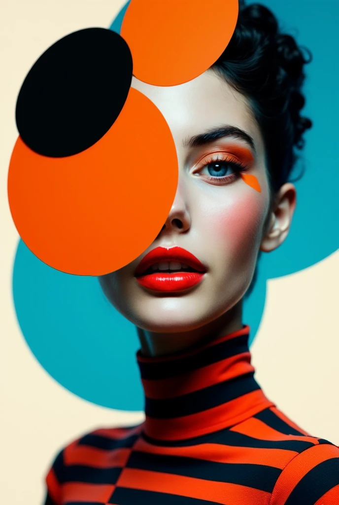 Please change this photo that has digital artwork of a stylized female portrait with bold geometric shapes, abstract patterns, and vibrant colors. The face is partially obscured by overlapping circles in black, orange, and blue, while the subject's makeup and striped clothing add a striking, surreal effect.