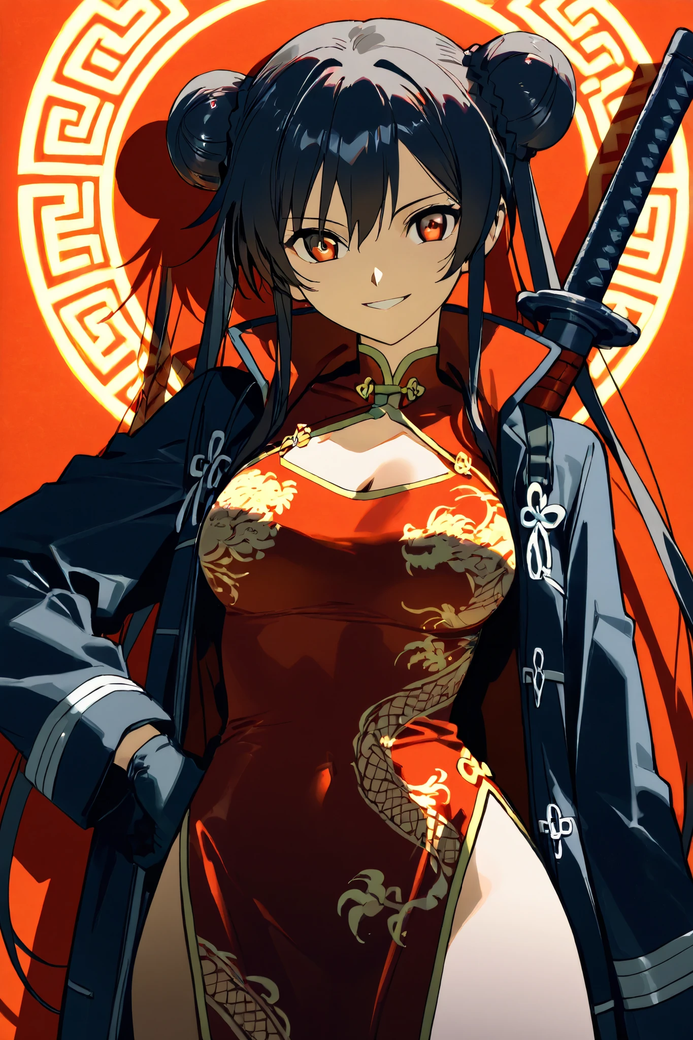 Black double bun hair, Red Cheongsam,Smile,Sword,Anime, gloves,Modern Chinesejacket