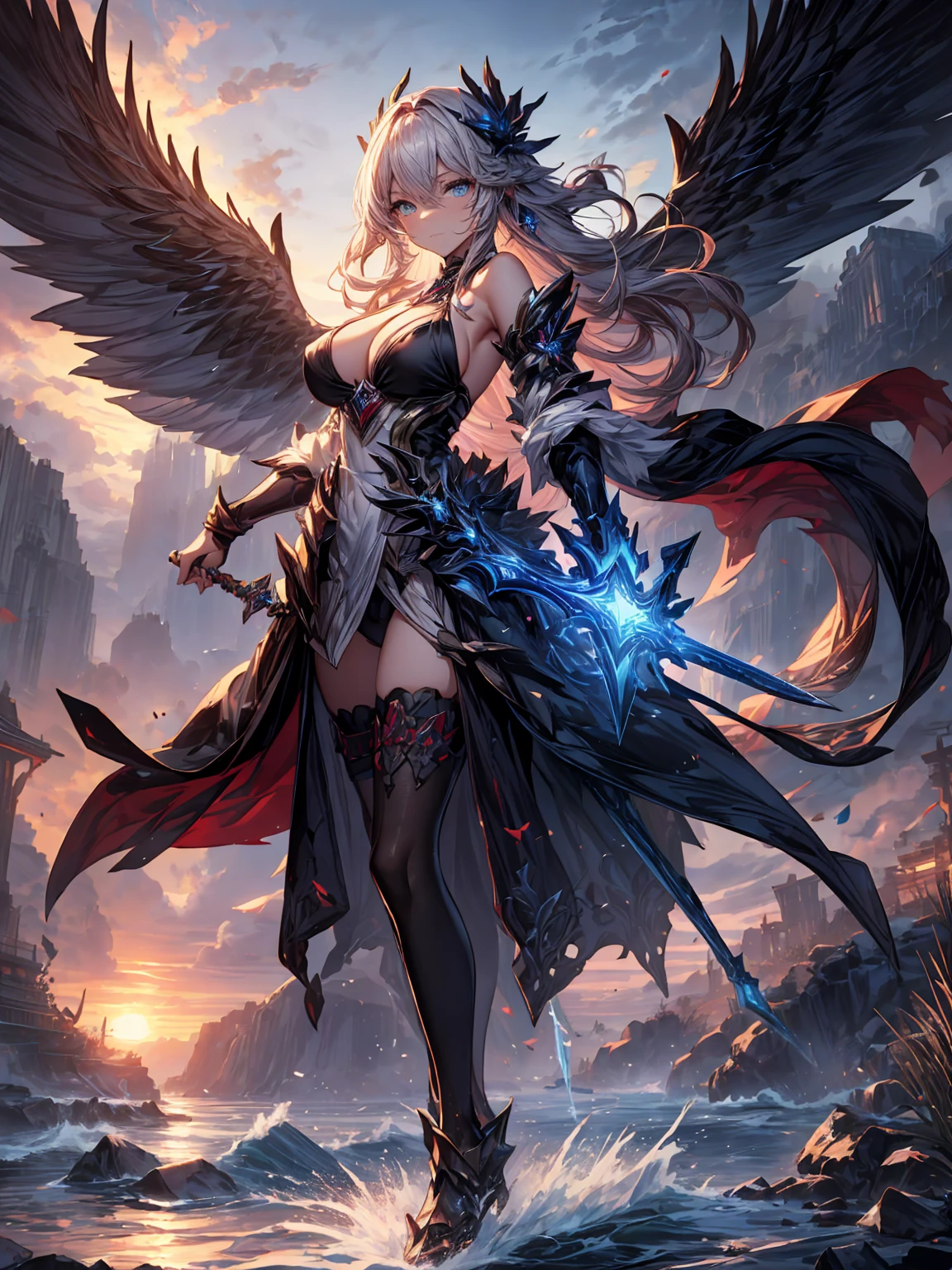 (Perfect Body 1.5), (Huge Breasts 1.5), (Huge Cleavage 1.5), (Exposed Breasts), (Sheer Underwear), Breasts Larger Than Torso, Crazy Bloated Breasts, Ill-fitting Clothes, Snow-White Skin, Style Art Germ, Extremely Detailed Art Germ, IG Model, (Best Quality), Ultra Detailed, Ultra Realistic, Octane Renderer, High Dynamic Range, (HDR), 32K Resolution, Super Resolution, Megapixels, Tyndall Effect, Lens Vires, Shadows, Backlight, Depth of Field, Natural Daylighting, Hard Focus, Film Grain, Mirror Light Hologram, Ray Tracing, Anime Girl with Wings Flying Over a Piece of Water, Extremely Detailed Art Germ, Style Art Germ,! Dream Art Germ, Art Germ Style, Art Germ Liu, Seraphim Ahri KDA, Trend Art Germ, IG Model | artgerm, by Yang J, Art Style, Art Germ and Rosla