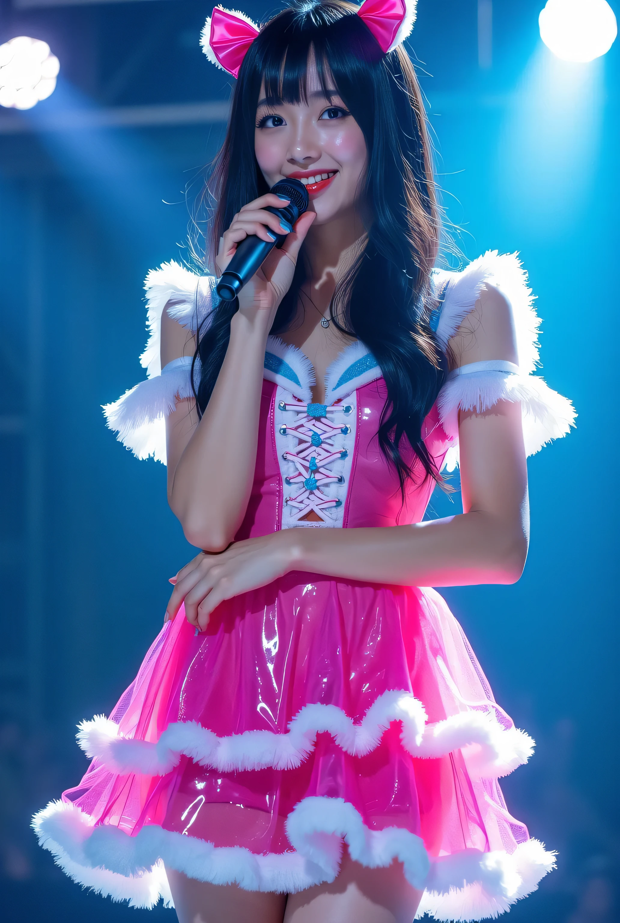Create a highly detailed, realistic image of a young woman with long, dark hair styled with two small pink bows on either side. She is wearing a vibrant and transparent shinning glossy pink short dress that has a layered, frilly design with white ruffled edges on the sleeves and neckline. The dress has intricate lace-up details on the front, with white ribbons crisscrossing over the bodice. A large, white bow is tied around her waist, and the skirt is layered with multiple ruffles, alternating between white and pink frills. The upper part of the dress has a mix of white and blue accents, especially around the shoulders, giving it a lively, idol-like appearance. The girl’s expression is cheerful and playful, with a radiant smile, captured both in performance and posing with a slightly pensive look. Ensure that her outfit appears shiny and glossy, reflecting stage lights, and incorporate a vivid, performance-like atmosphere in the background. Some Lights shooting around, she hold microphone, head thighs portrait,