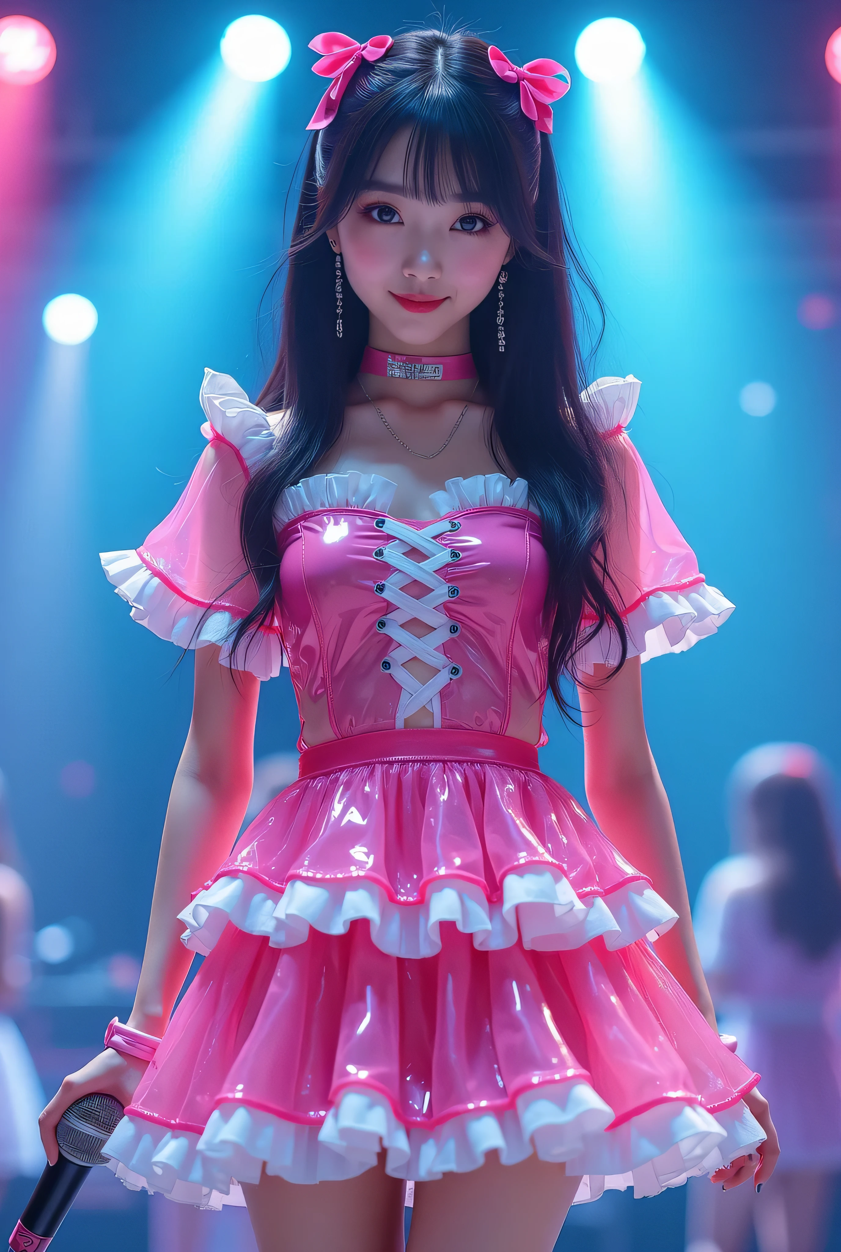 Create a highly detailed, realistic image of a young woman with long, dark hair styled with two small pink bows on either side. She is wearing a vibrant and transparent shinning glossy pink short dress that has a layered, frilly design with white ruffled edges on the sleeves and neckline. The dress has intricate lace-up details on the front, with white ribbons crisscrossing over the bodice. A large, white bow is tied around her waist, and the skirt is layered with multiple ruffles, alternating between white and pink frills. The upper part of the dress has a mix of white and blue accents, especially around the shoulders, giving it a lively, idol-like appearance. The girl’s expression is cheerful and playful, with a radiant smile, captured both in performance and posing with a slightly pensive look. Ensure that her outfit appears shiny and glossy, reflecting stage lights, and incorporate a vivid, performance-like atmosphere in the background. Some Lights shooting around, she hold microphone, head thighs portrait,