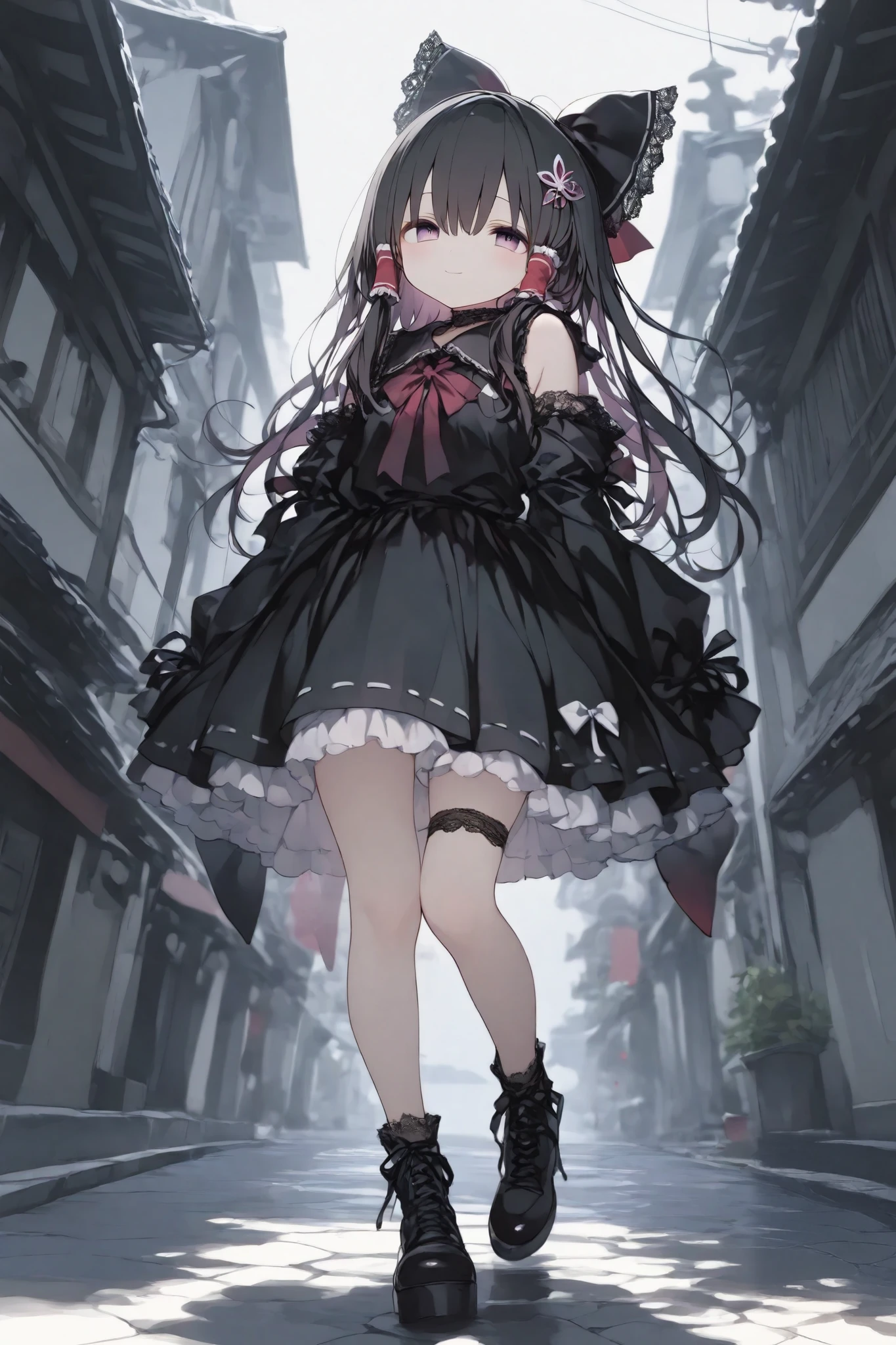masterpiece, best quality, ultra-detailed, Komeshiro Kasu style,SagawaStyle,trk,dark gothic,Cute 1girl\(rem \(hakurei reimu,cyan eyes,light smile\),(dynamic pose:0.25) ,full body shot,masterpiece, best quality, 8k, highres, ultra-detailed,HDR, UHD, professional, vivid colors