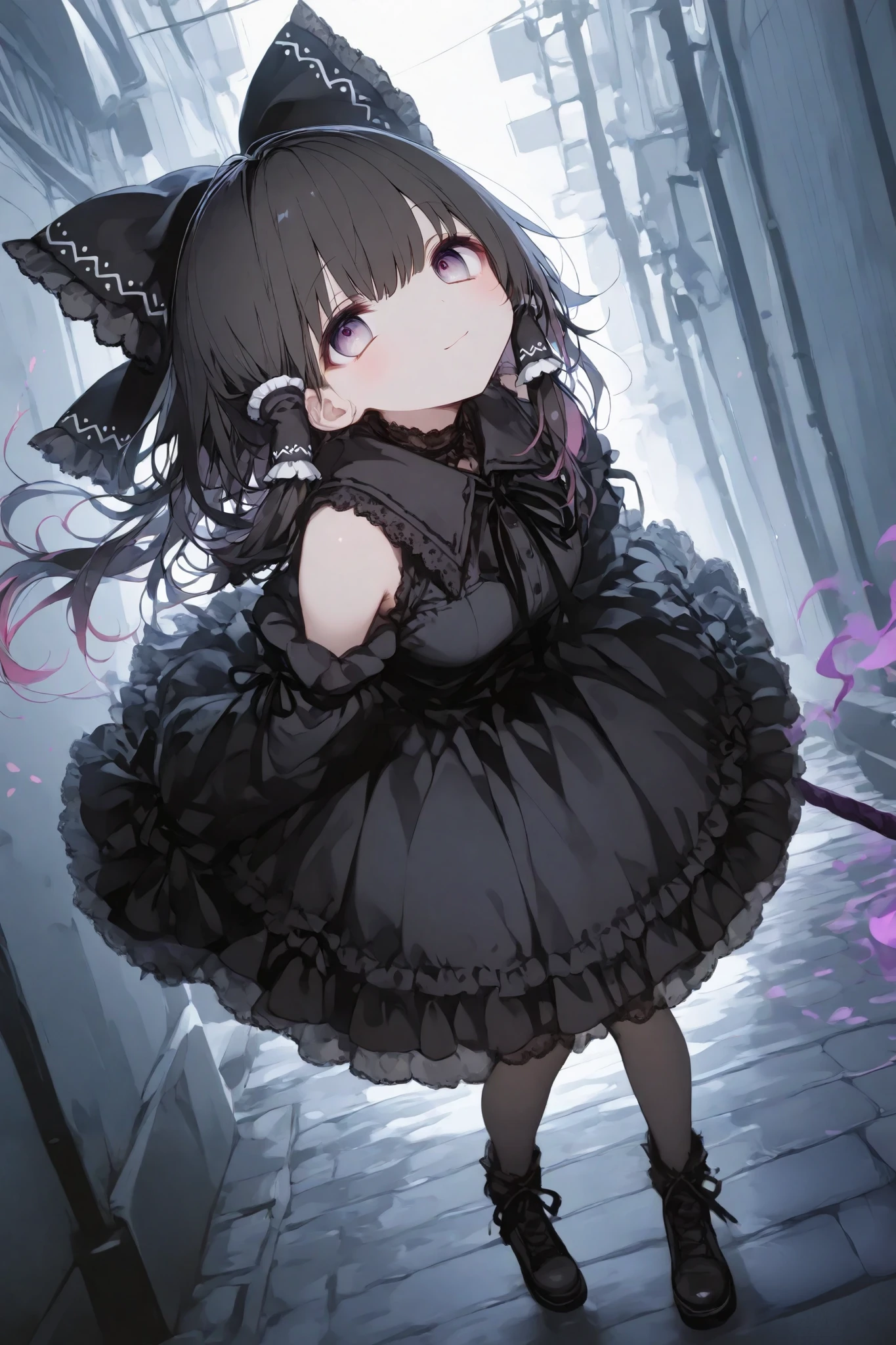 masterpiece, best quality, ultra-detailed, Komeshiro Kasu style,SagawaStyle,trk,dark gothic,Cute 1girl\(rem \(hakurei reimu,cyan eyes,light smile\),(dynamic pose:0.25) ,full body shot,masterpiece, best quality, 8k, highres, ultra-detailed,HDR, UHD, professional, vivid colors