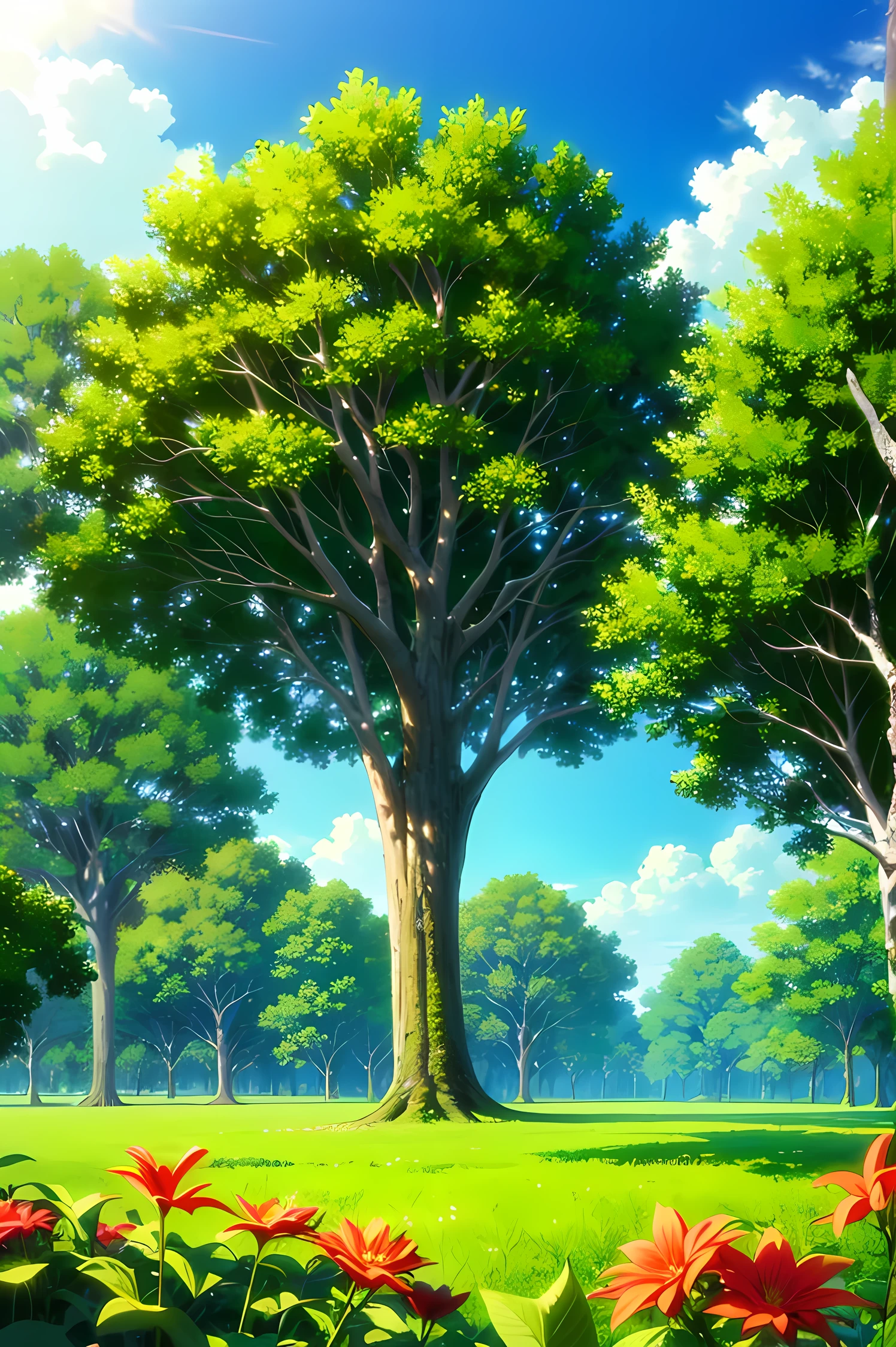 Lush magical forest, blue sky, large trees, magical, magic beasts sleeping, green and blue, flowers, magic in the air