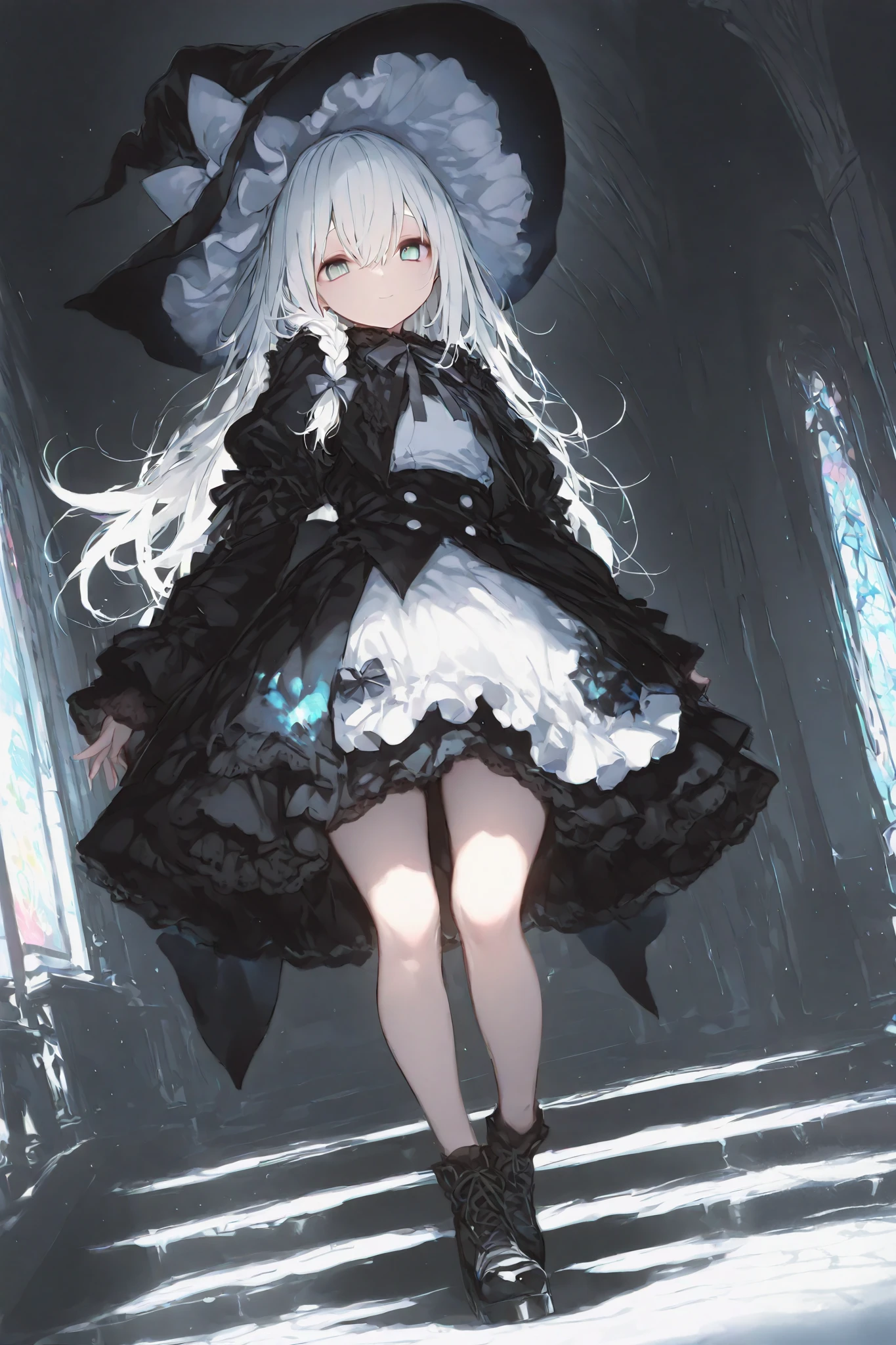 masterpiece, best quality, ultra-detailed, Komeshiro Kasu style,SagawaStyle,trk,dark gothic,Cute 1girl\(rem \(kirisame marisa,cyan eyes,light smile\),(dynamic pose:0.25) ,full body shot,masterpiece, best quality, 8k, highres, ultra-detailed,HDR, UHD, professional, vivid colors