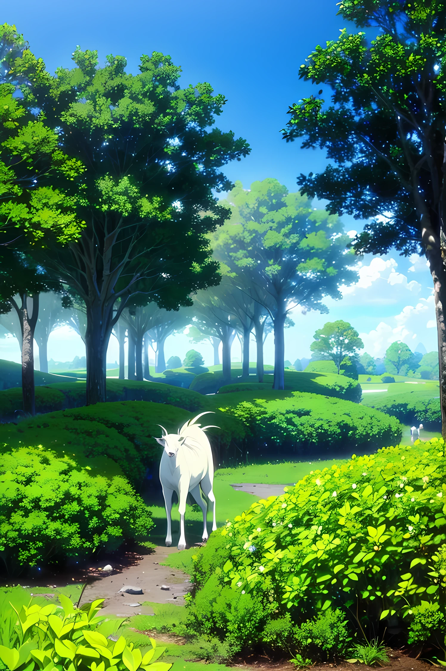 Lush magical forest, blue sky, large trees, magical, magic beasts sleeping, green and blue, flowers, magic in the air
