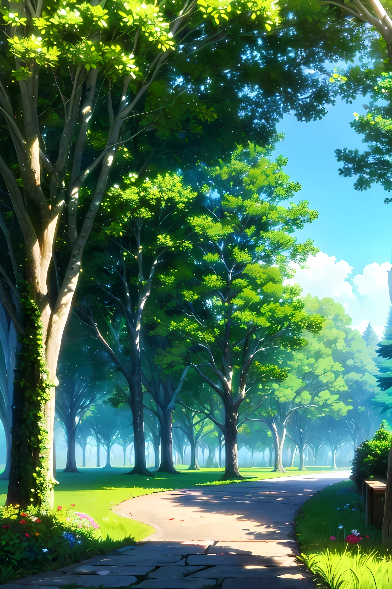 Lush magical forest, blue sky, large trees, magical, magic beasts sleeping, green and blue, flowers, magic in the air