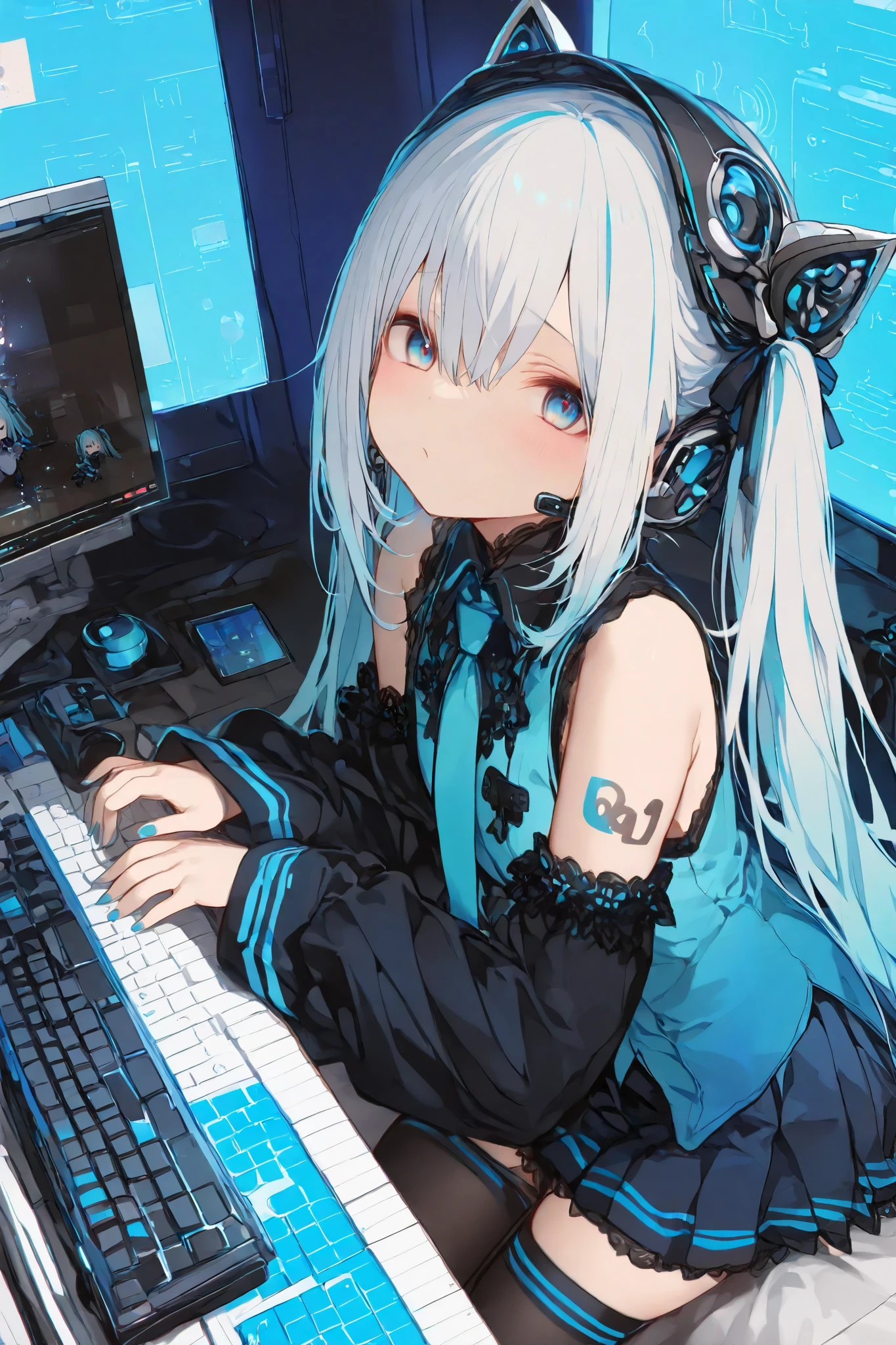 masterpiece, best quality, ultra-detailed, Komeshiro Kasu style,SagawaStyle,trk,dark gothic, 1girl with large aqua blue eyes and long aqua blue twin tails featuring gradient and glossy texture, showing a soft and cheerful expression, wearing a futuristic gray and aqua blue outfit, including a sleeveless top with a tie, a pleated skirt with aqua blue accents, black over-sleeves with a keyboard design, and black thigh-high socks with aqua blue stripes, equipped with a headset on her head, a 01 tattoo on her left arm, and aqua blue nails, depicted in chibi style with high detail and ultra-realistic rendering, focusing on the character's facial expression and outfit details, masterpiece quality in 8k resolution