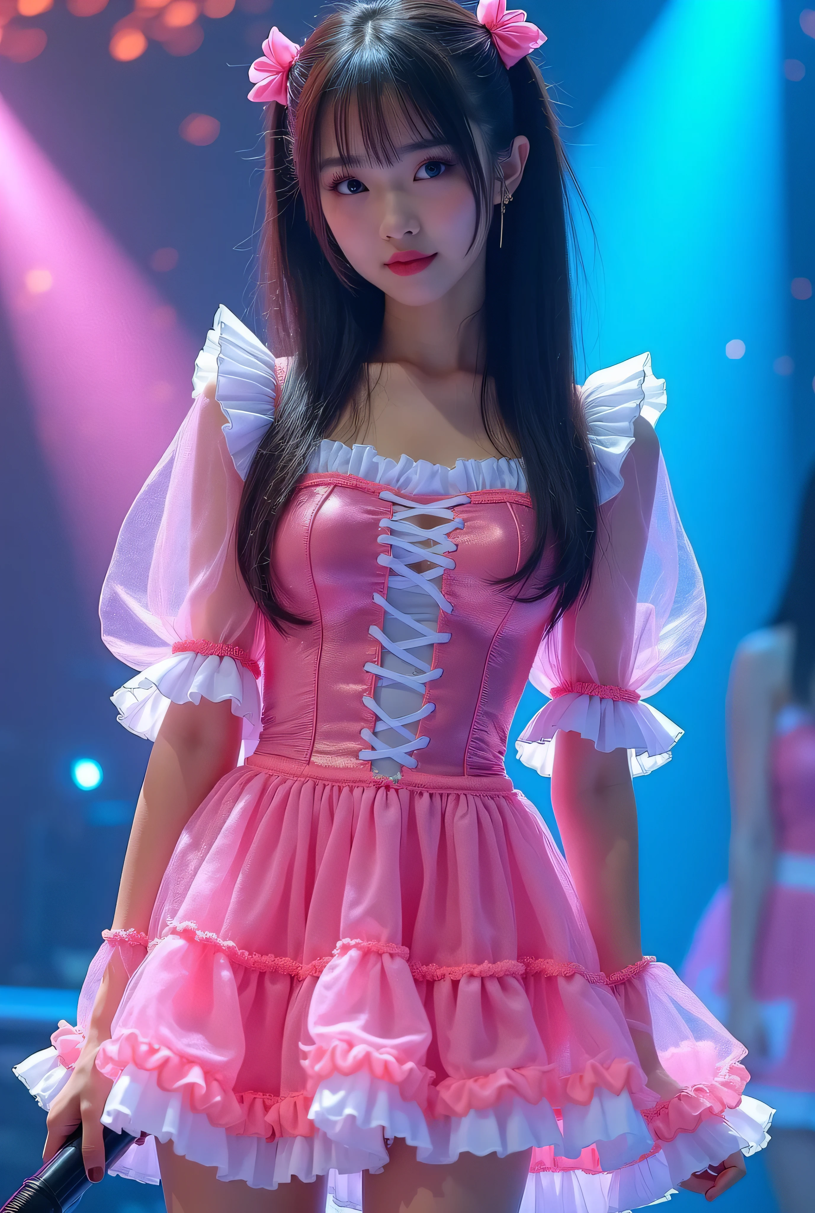 Create a highly detailed, realistic image of a young woman with long, dark hair styled with two small pink bows on either side. She is wearing a vibrant and transparent shinning glossy pink short dress that has a layered, frilly design with white ruffled edges on the sleeves and neckline. The dress has intricate lace-up details on the front, with white ribbons crisscrossing over the bodice. A large, white bow is tied around her waist, and the skirt is layered with multiple ruffles, alternating between white and pink frills. The upper part of the dress has a mix of white and blue accents, especially around the shoulders, giving it a lively, idol-like appearance. The girl’s expression is cheerful and playful, with a radiant smile, captured both in performance and posing with a slightly pensive look. Ensure that her outfit appears shiny and glossy, reflecting stage lights, and incorporate a vivid, performance-like atmosphere in the background. Some Lights shooting around, she hold microphone, head thighs portrait,