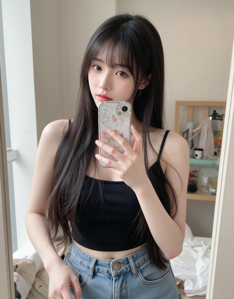 A long-haired woman in a tank top taking a selfie at a restaurant, face of young cute asian man, young adorable korean face, That's a cute Korean face, korean girl, Ulzzang, gorgeous young korean woman, beautiful young korean woman, Nam Jae Young, beautiful korean woman, Shin Jin Young, 8K selfie photo, Southeast Asian with a round face