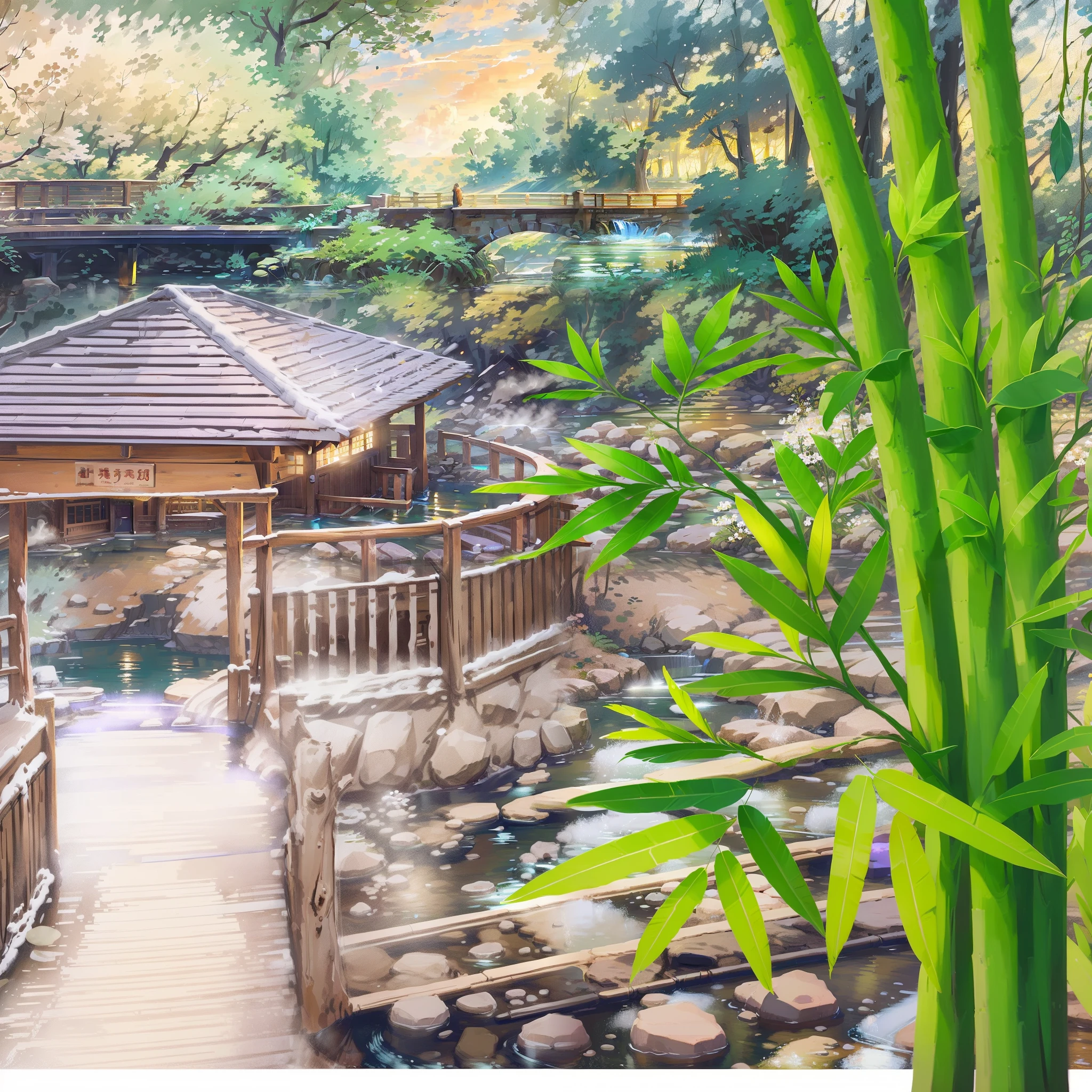 countryside、stream、 blue sky、anime style、masterpiece、 Scenery of hot springs、 The inside of the building is a hot spring、 river
