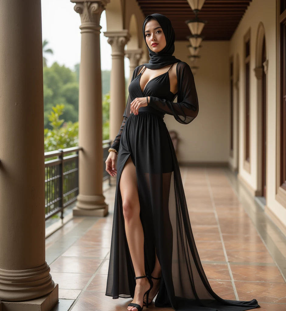 top-quality, masterpiece, 8K, A high resolution, (Photorealsitic:1.4), 1 beautiful hijab woman, monolid eye, Perfect body proportion, sheer full body dress, Look at viewers, (Photo room:1.2), front-facing view, Normal light, Absolute area(1.3), Little smile, big breasts, muslim girl