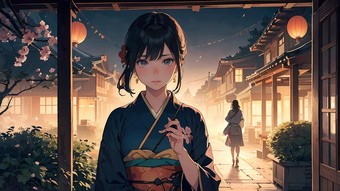 A castle town at night during the Edo period. The soft moonlight quietly illuminates the streets, casting gentle reflections of paper lanterns onto the cobblestone paths. Cherry blossoms flutter in the wind, and a faint, ethereal mist drifts through the air, enhancing the town’s mysterious and tranquil atmosphere.
On the veranda of a wooden teahouse, a beautiful courtesan stands gracefully. She wears a traditional Edo-period kimono, adorned with delicate floral patterns, the flowing silk fabric draping elegantly around her. An obi sash is tied with refined precision, emphasizing her poised elegance. Her long, lustrous black hair is adorned with exquisite kanzashi hairpins, and her smoky eyes and seductive gaze captivate all who see her.
She slowly lifts a kiseru pipe to her lips and exhales a delicate wisp of smoke. The smoke drifts lightly in the moonlight, blending seamlessly with the cool night air. In the distance, the faint sound of shamisen music echoes through the streets, while the silhouettes of samurai and townspeople appear and fade into the dim glow.
A color palette of deep blue and gold enhances the dreamlike scenery. Flickering paper lanterns, the crisp night air, and a gentle breeze weave together to create an atmosphere both nostalgic and elegant. The moment feels timeless, suspended in an enchanting harmony of light, shadow, and serenity.
