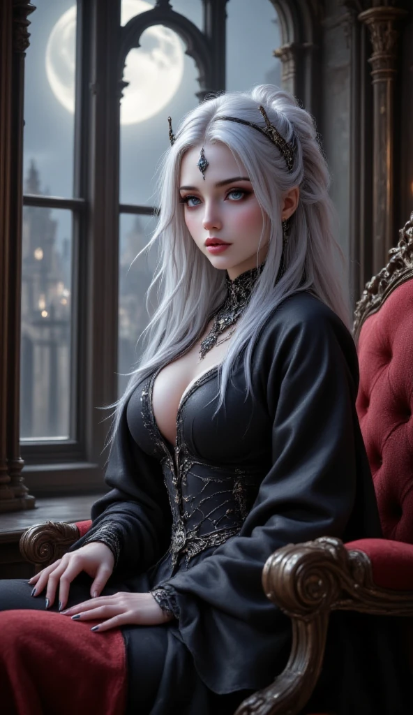 {best quality}, {{masterpiece}}, {highres}, original, extremely detailed wallpaper, {an extremely delicate and beautiful},1girl,extremely detailed,adult lady,{small chest}, white hair, ponytail, long hair, messy hair,white trench coat, studio photography, masterpiece, cinematic highlight hair,oil painting, realistic, handsome,photorealistic,{black halter dress },{black backless dress},sitting on chair,{flower hairbin},{flower on hair},barefoot,crossed legs,handsome,expressionless,